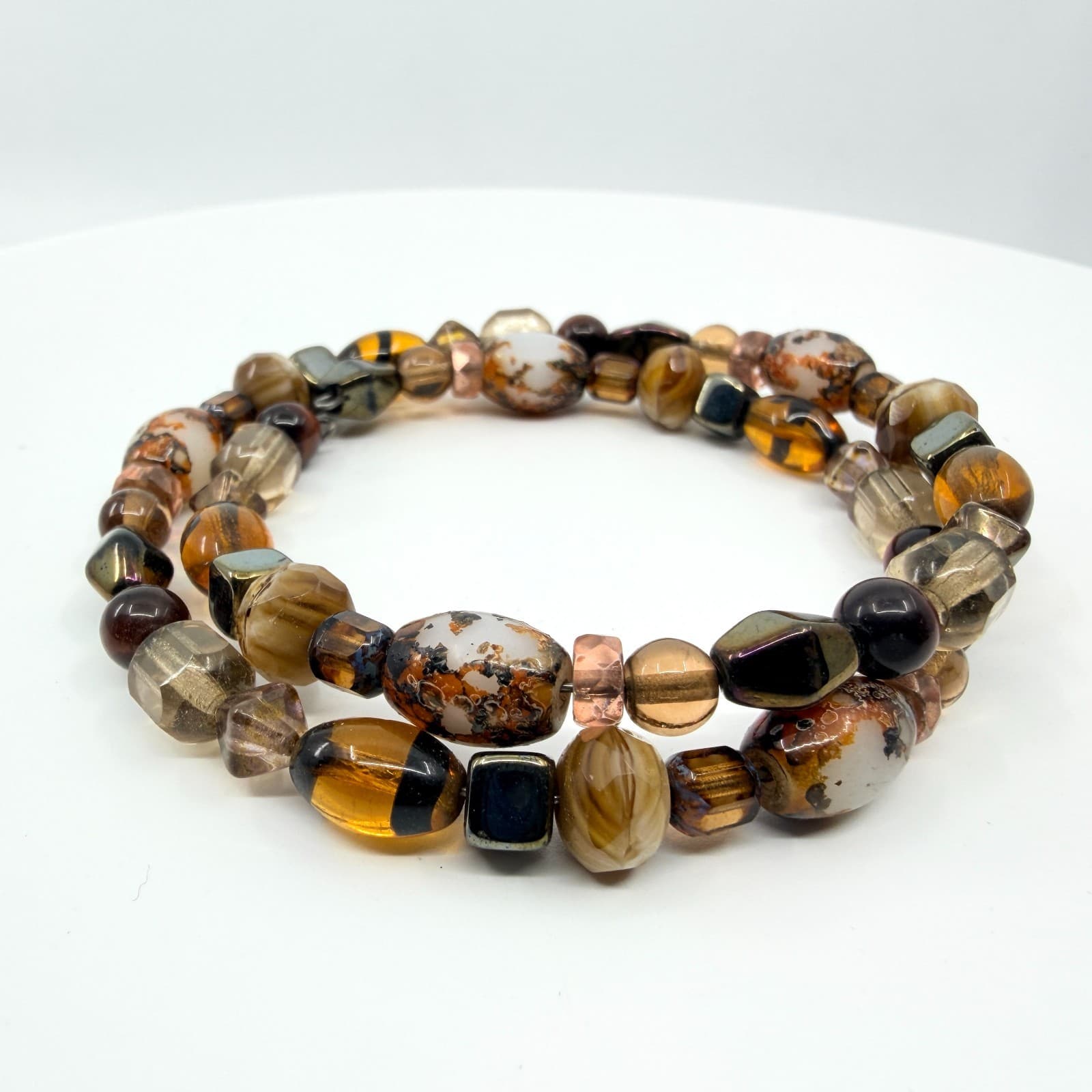 Vintage Boho Earth Tone Amber Tone Brown Agate Style Glass Beaded Wrap Bracelet