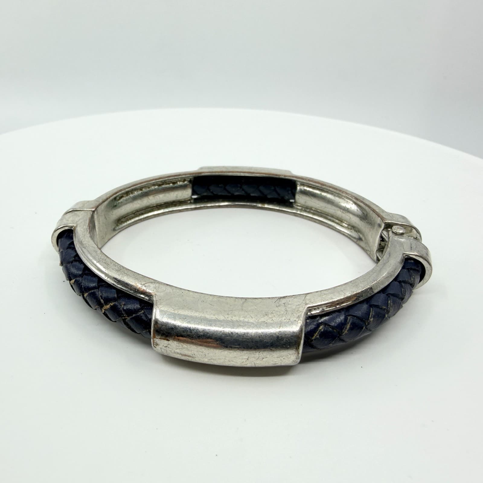 Vintage Braided Blue Leather Silver Tone Hinge Bangle Bracelet Minimalist Cuff