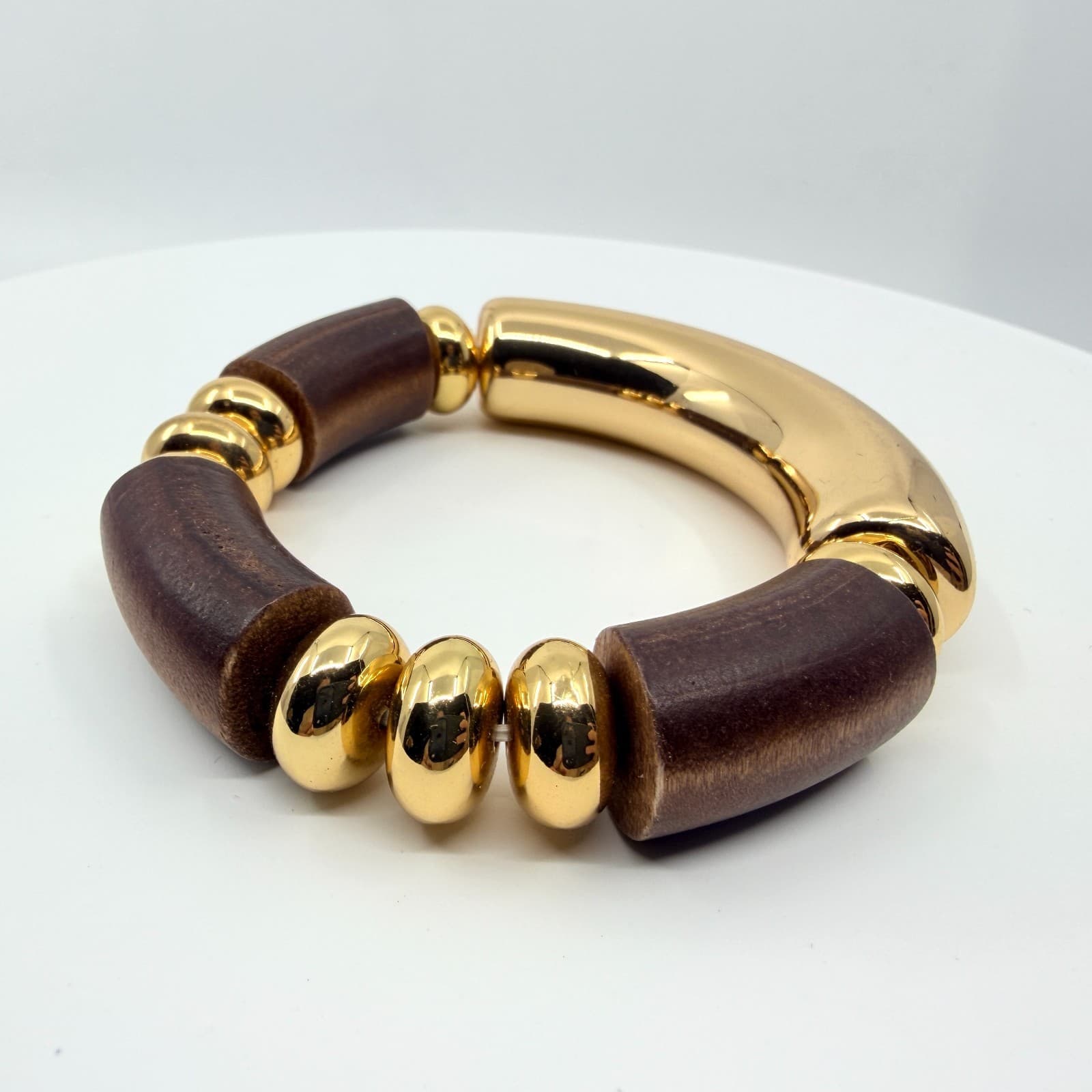 Vintage Retro Chunky Wood Gold Tone Stretch Bracelet Statement Geometric Beaded