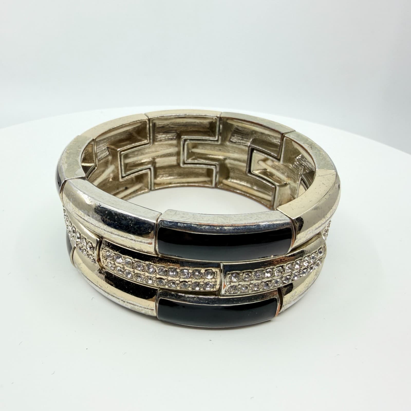 Vintage Y2K Silver Tone Black Enamel Rhinestone Triple Row Stretch Cuff Bracelet