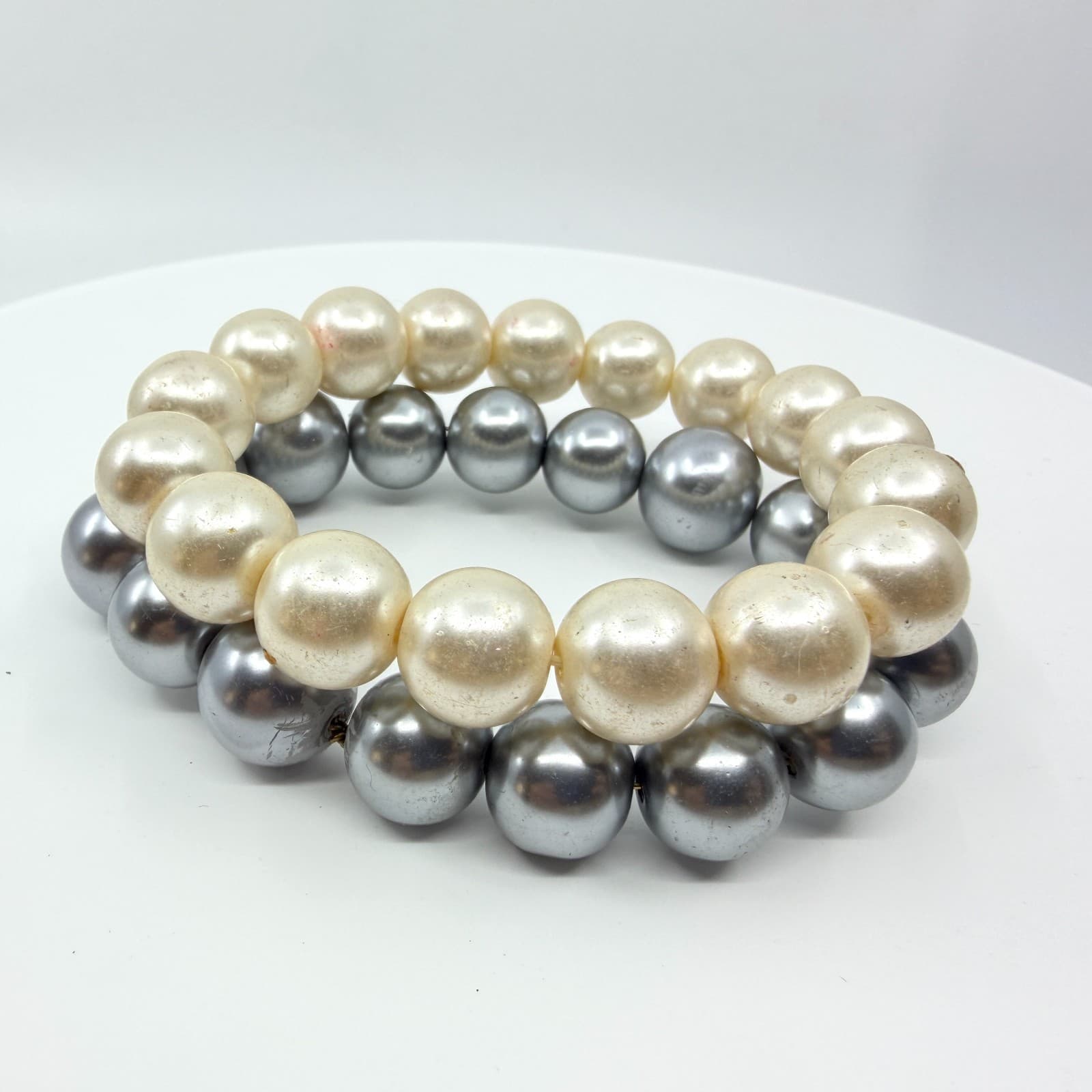 Vintage Chunky Faux Pearl Stretch Bracelet Set Cream Off White Grey Two Piece