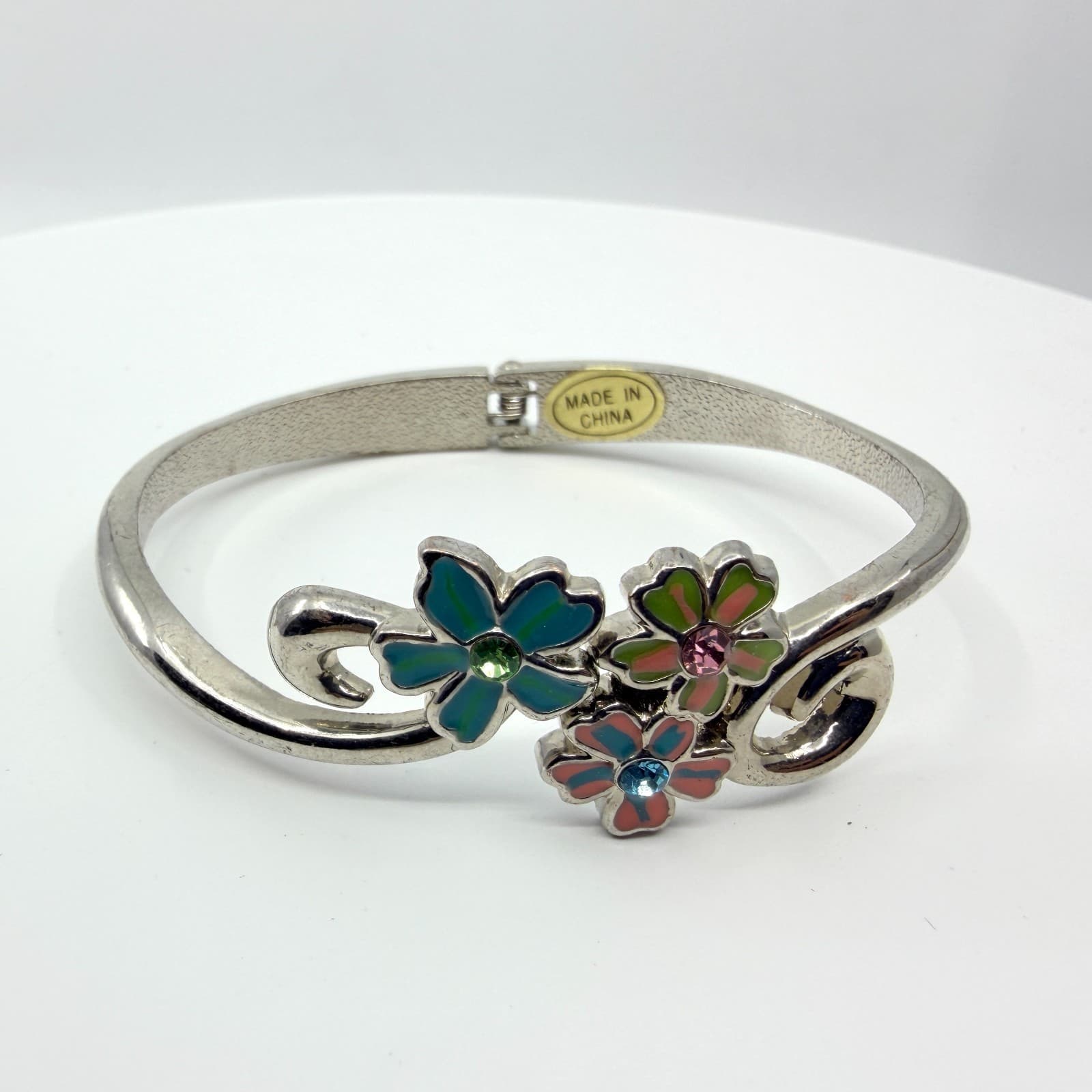 Vintage Y2K Silver Tone Enamel Floral Hinge Bangle Bracelet Colorful Rhinestones