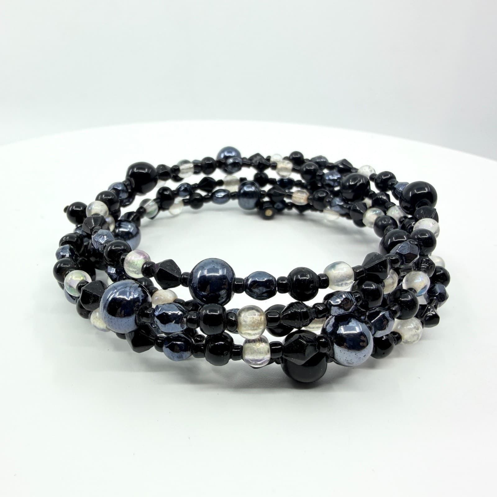 Vintage Y2K Black Gunmetal Clear Beaded Multi Layer Wrap Memory Wire Bracelet