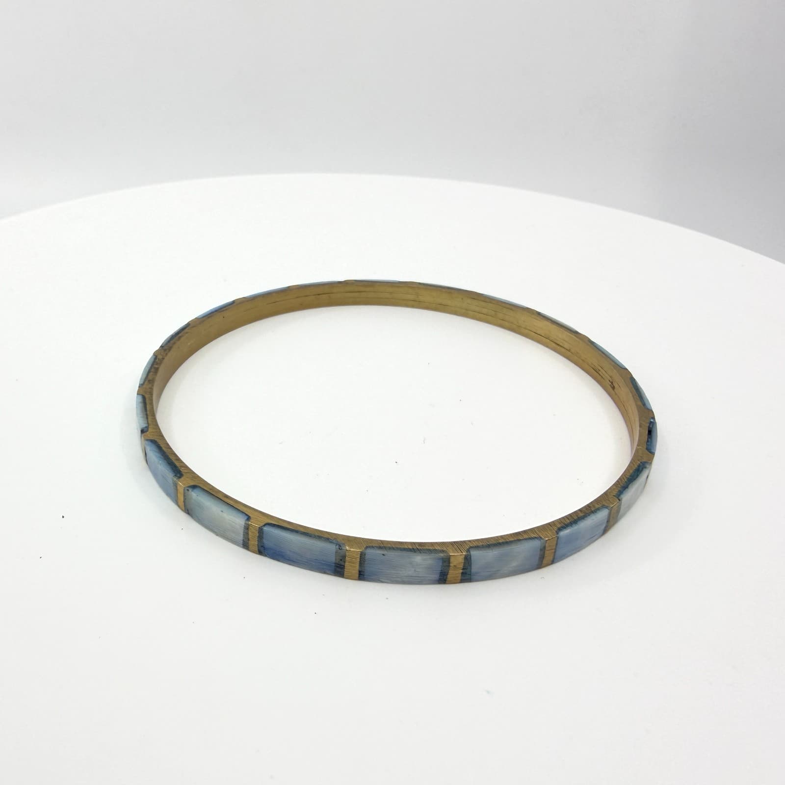 Vintage Brass Tone Blue Mother of Pearl Mosaic Bangle Bracelet Stackable Boho