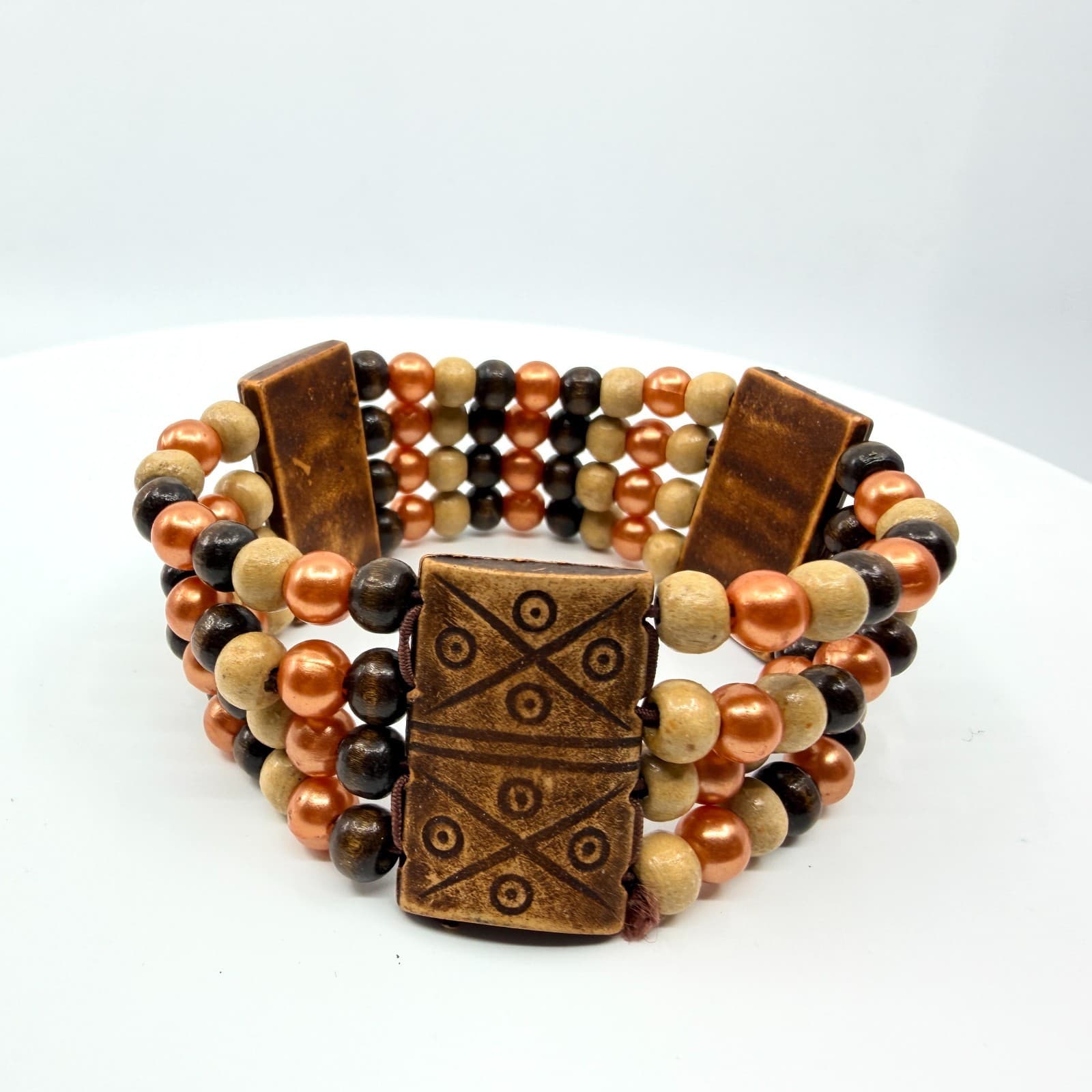 Vintage Multi Strand Wood Bead Cuff Bracelet Brown Copper Tone Tribal Boho Retro
