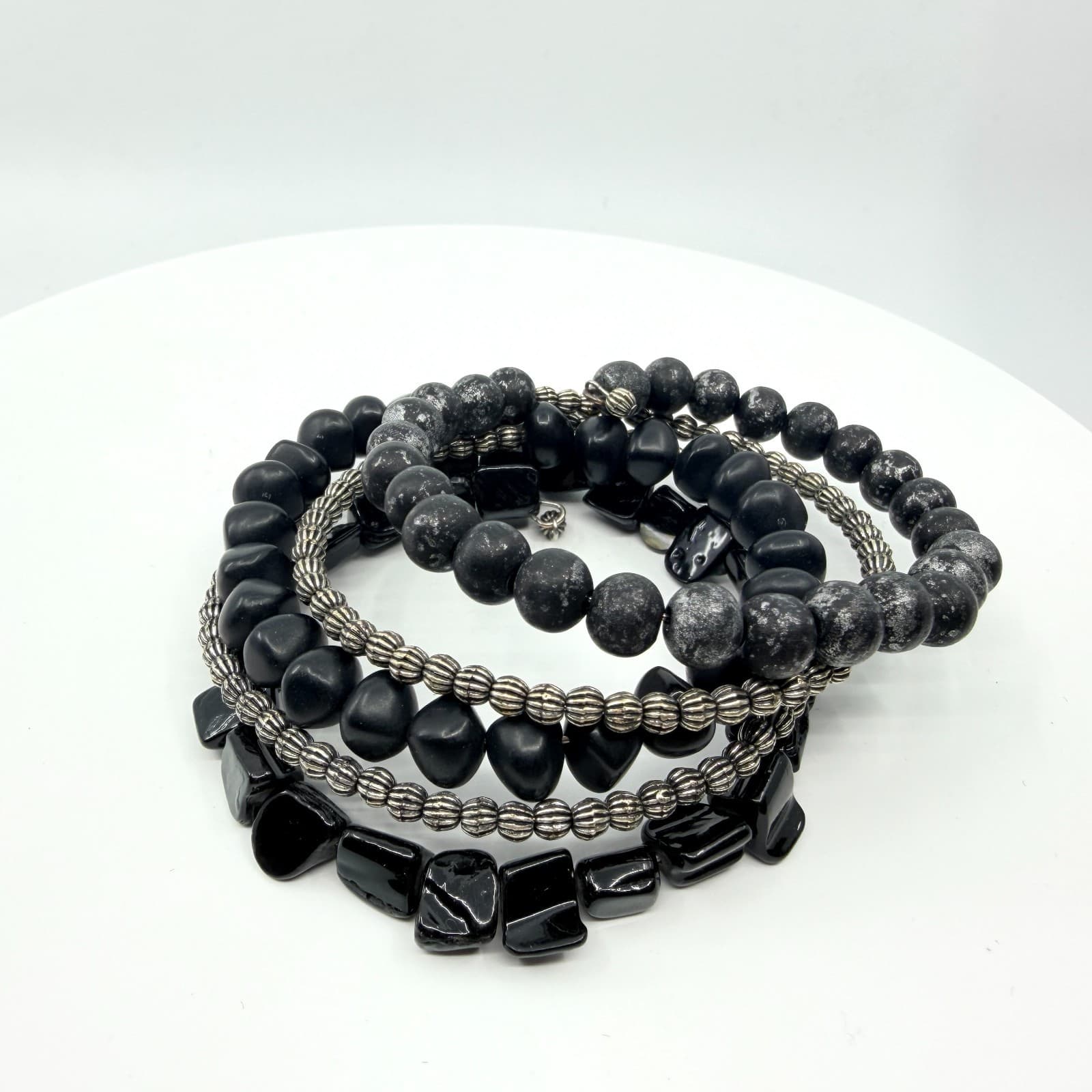 Vintage Gothic Black Memory Wire Wrap Bracelet Chunky Beaded Multi Strand Retro
