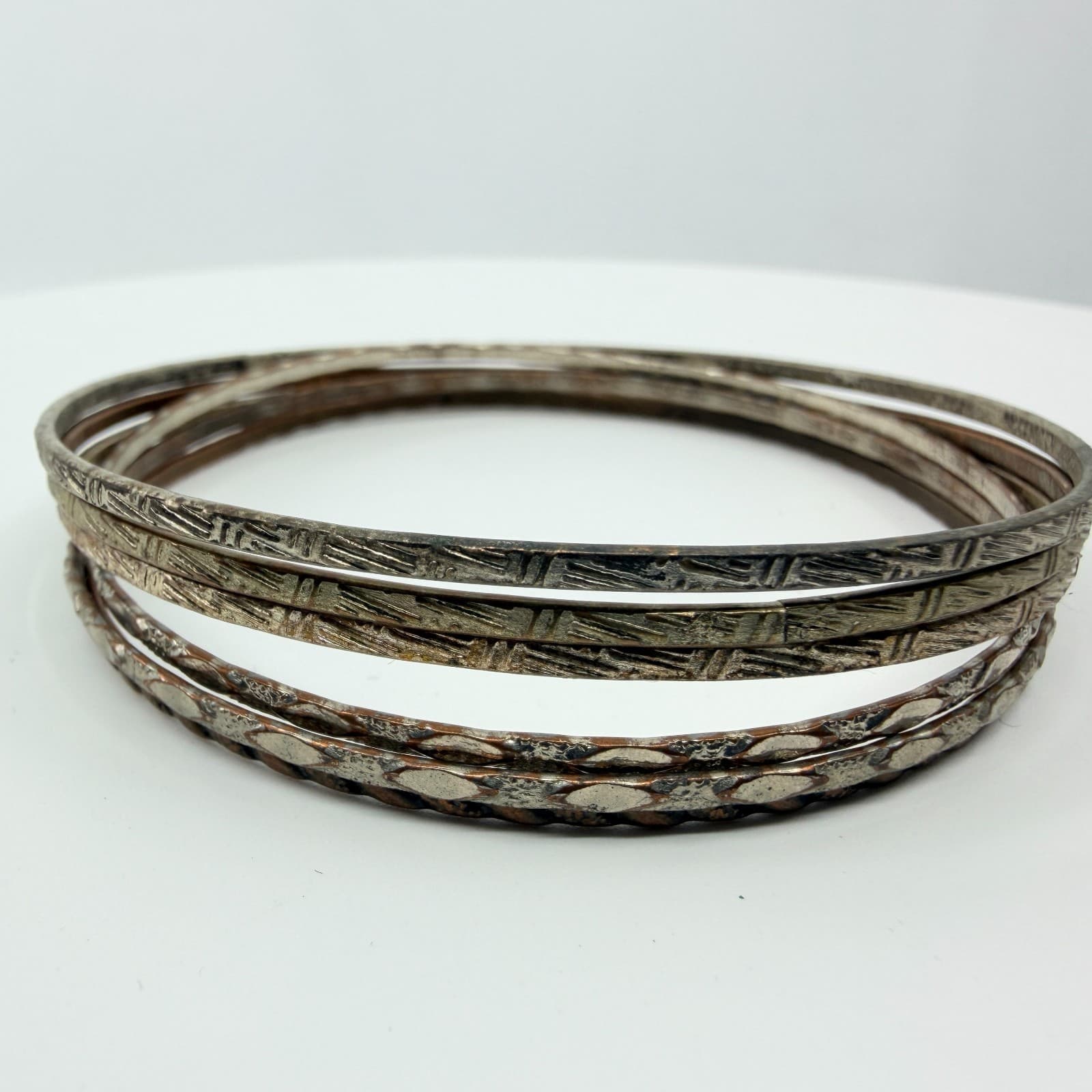 VTG Mixed Metal Patterned Bangle Bracelets Silver & Copper Tone Set of 6 Stack