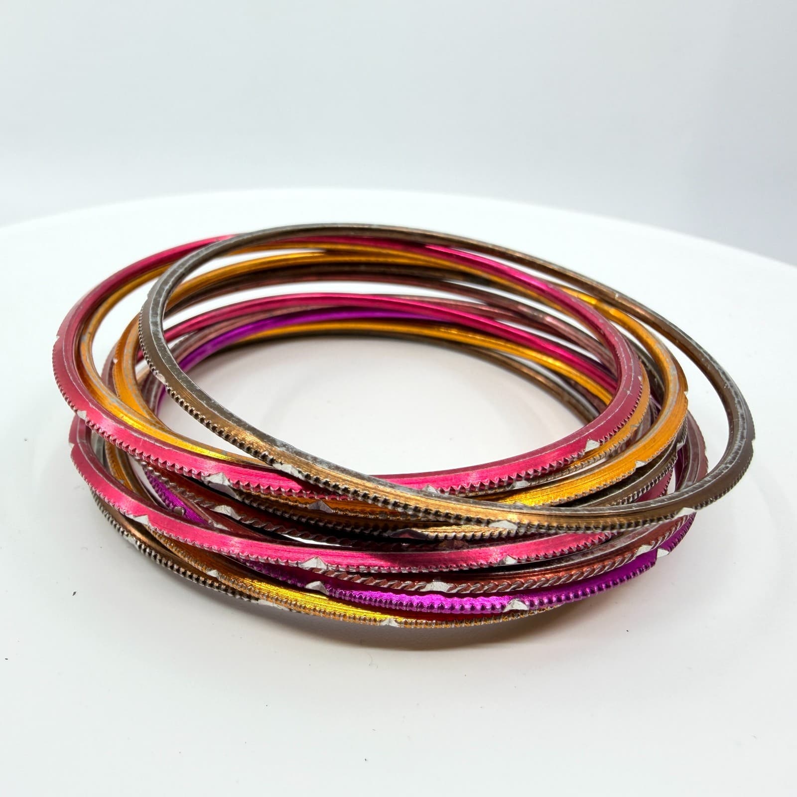 Vintage Y2K Colorful Textured Metal Bangle Bracelets Set Pink Orange Stack 12pc