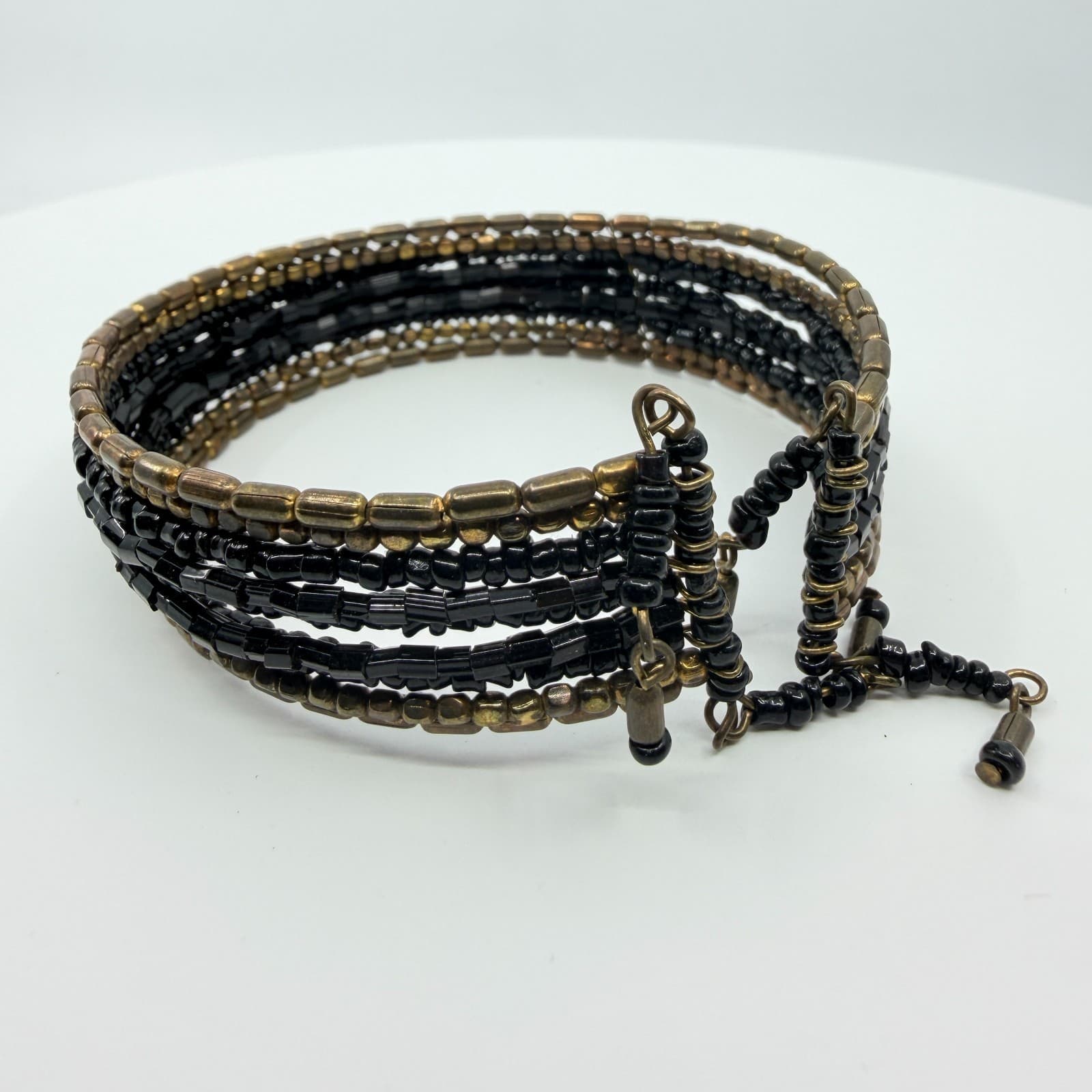 Vintage Y2K Gothic Black Seed Bead Bronze Multi Strand Wide Cuff Bracelet Retro