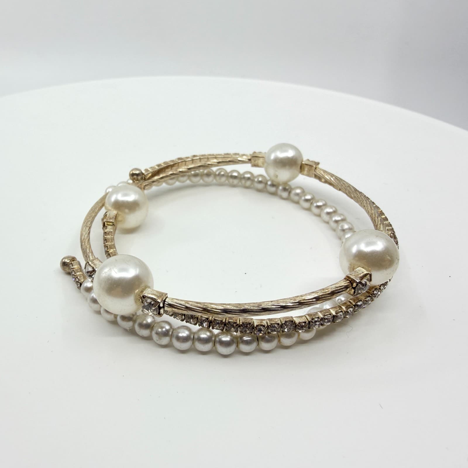 Vintage Faux Pearl Rhinestone Coil Wrap Bracelet Gold Tone Layered Cuff Retro