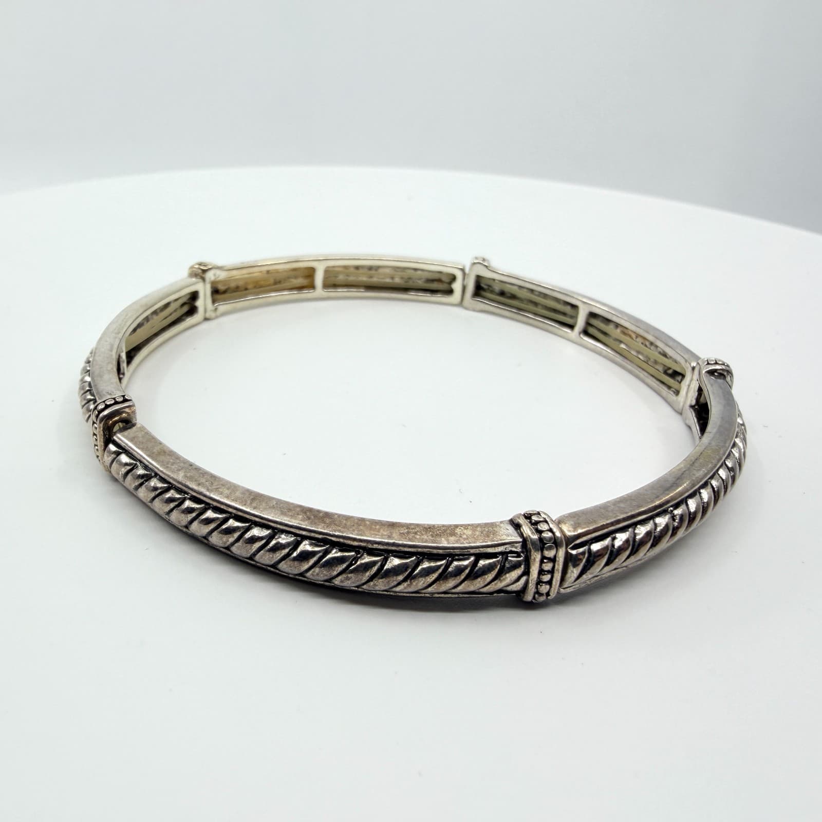 Vintage Silver Tone Twisted Cable Segmented Stretch Bangle Bracelet Boho Classic