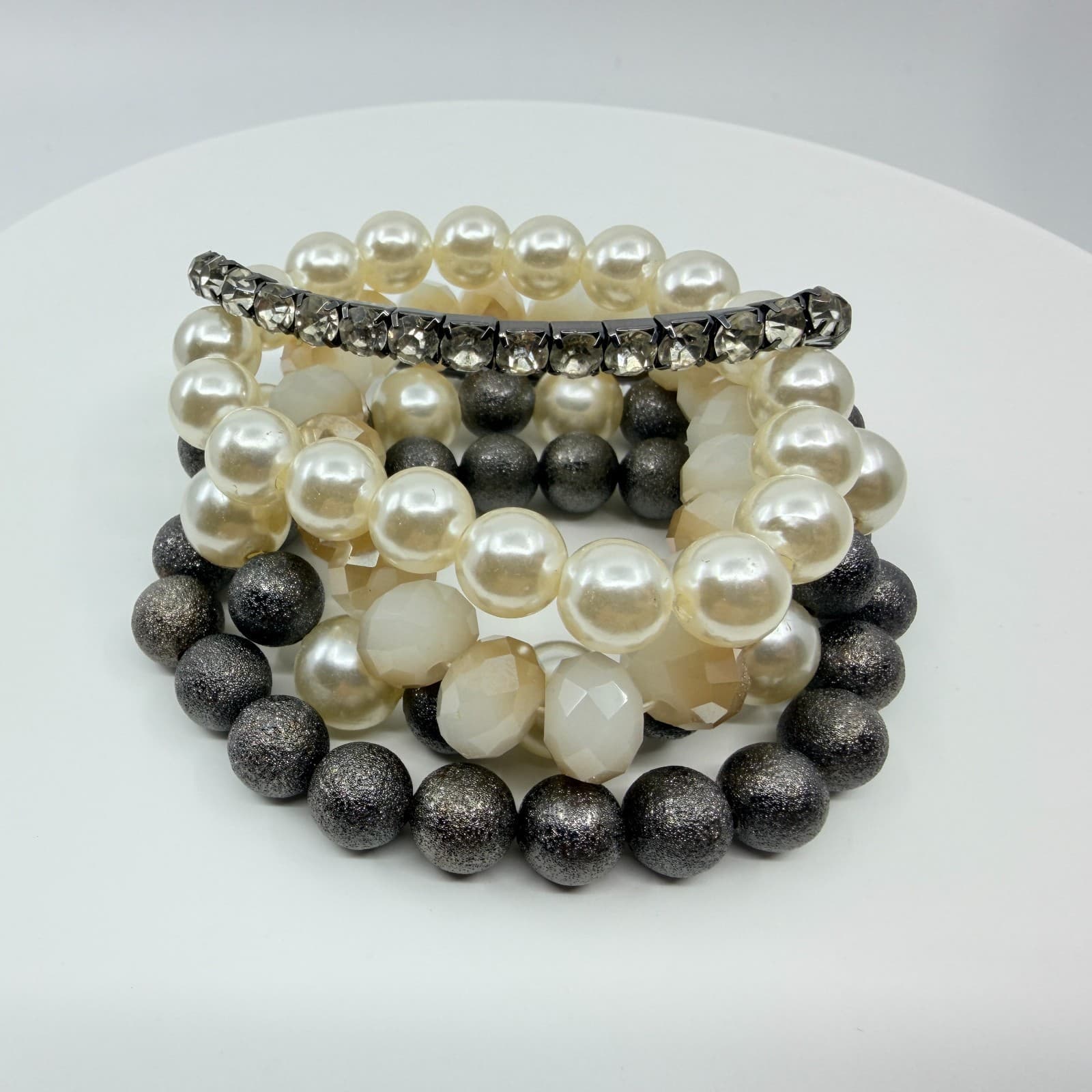 VTG Faux Pearl Rhinestone Stacked Multi Strand Stretch Bracelet Set Cream Grey