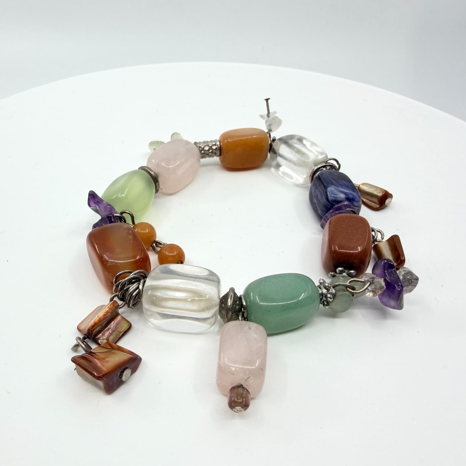 Vintage Boho Chunky Gemstone Link Charm Bracelet Multi Color Quartz Aventurine