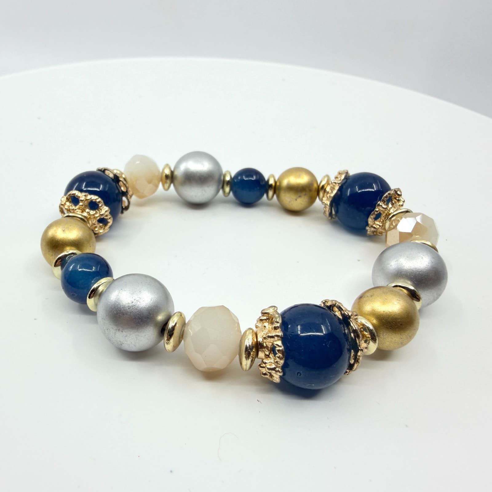 VTG Multi Bead Stretch Bracelet Gold & Silver Tone Blue Chunky Statement Jewelry