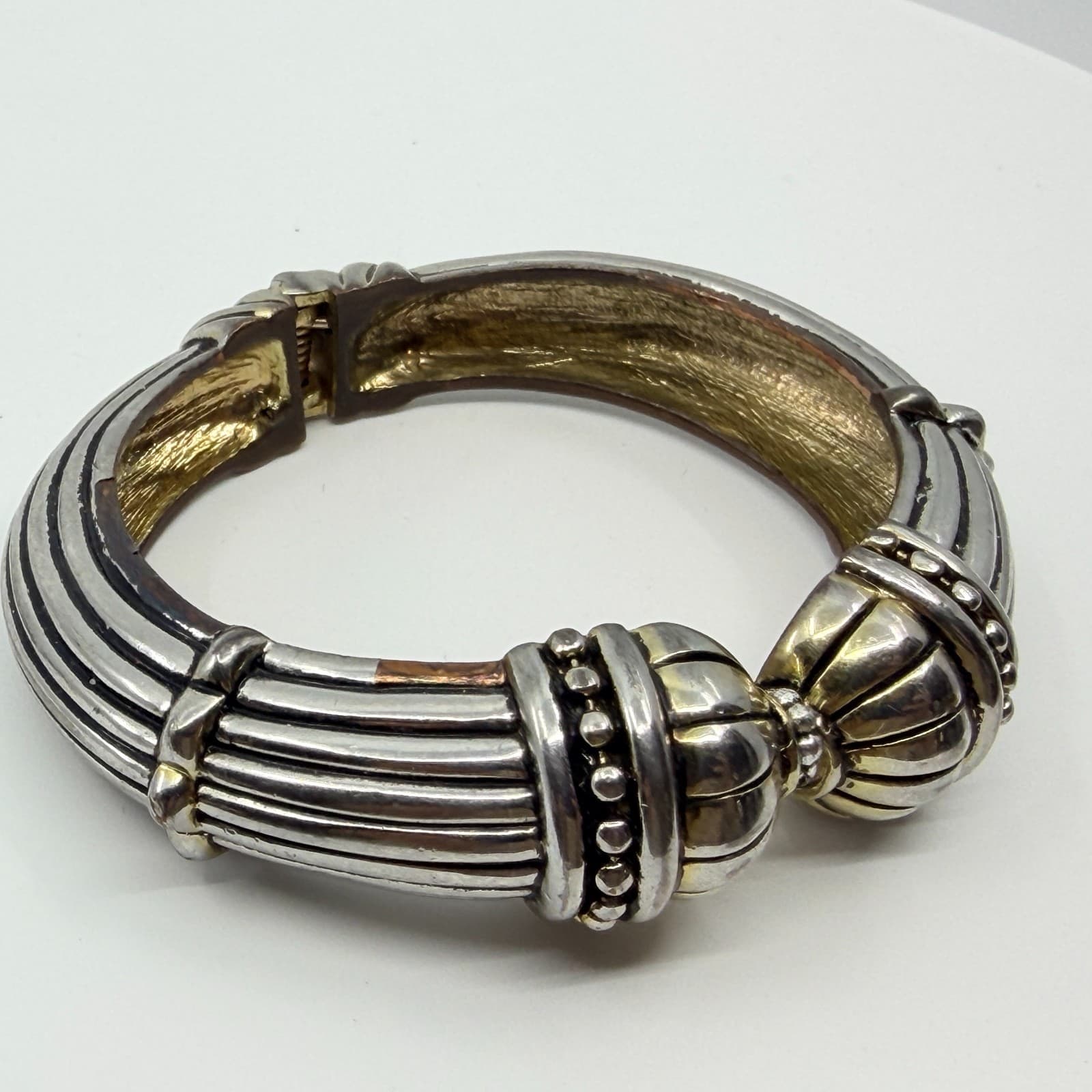 Vintage Two Tone Silver & Gold Tone Cable Ribbed Bypass Hinge Bangle Bracelet