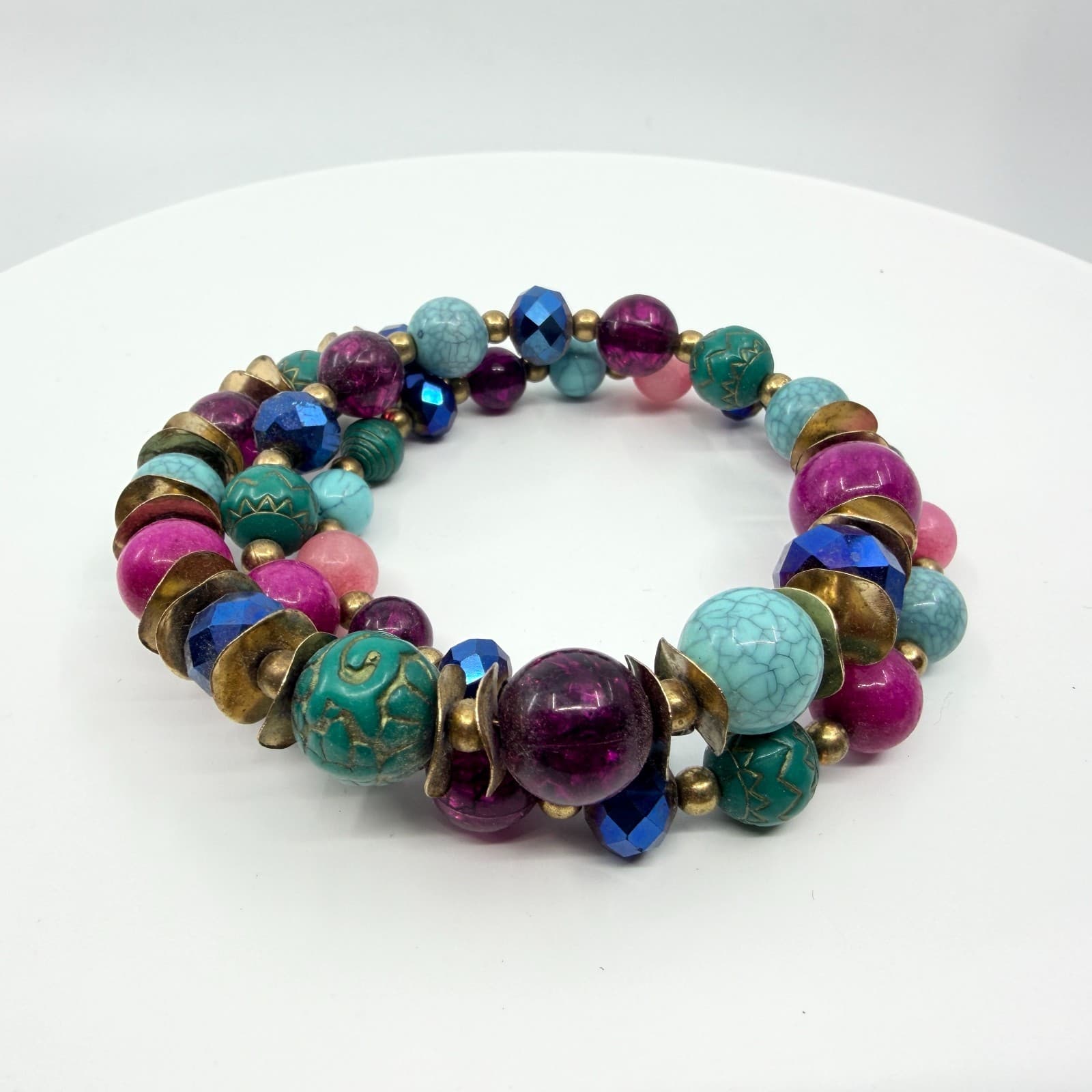Vintage Boho Multi Color Faux Turquoise Beaded Memory Wire Wrap Cuff Bracelet