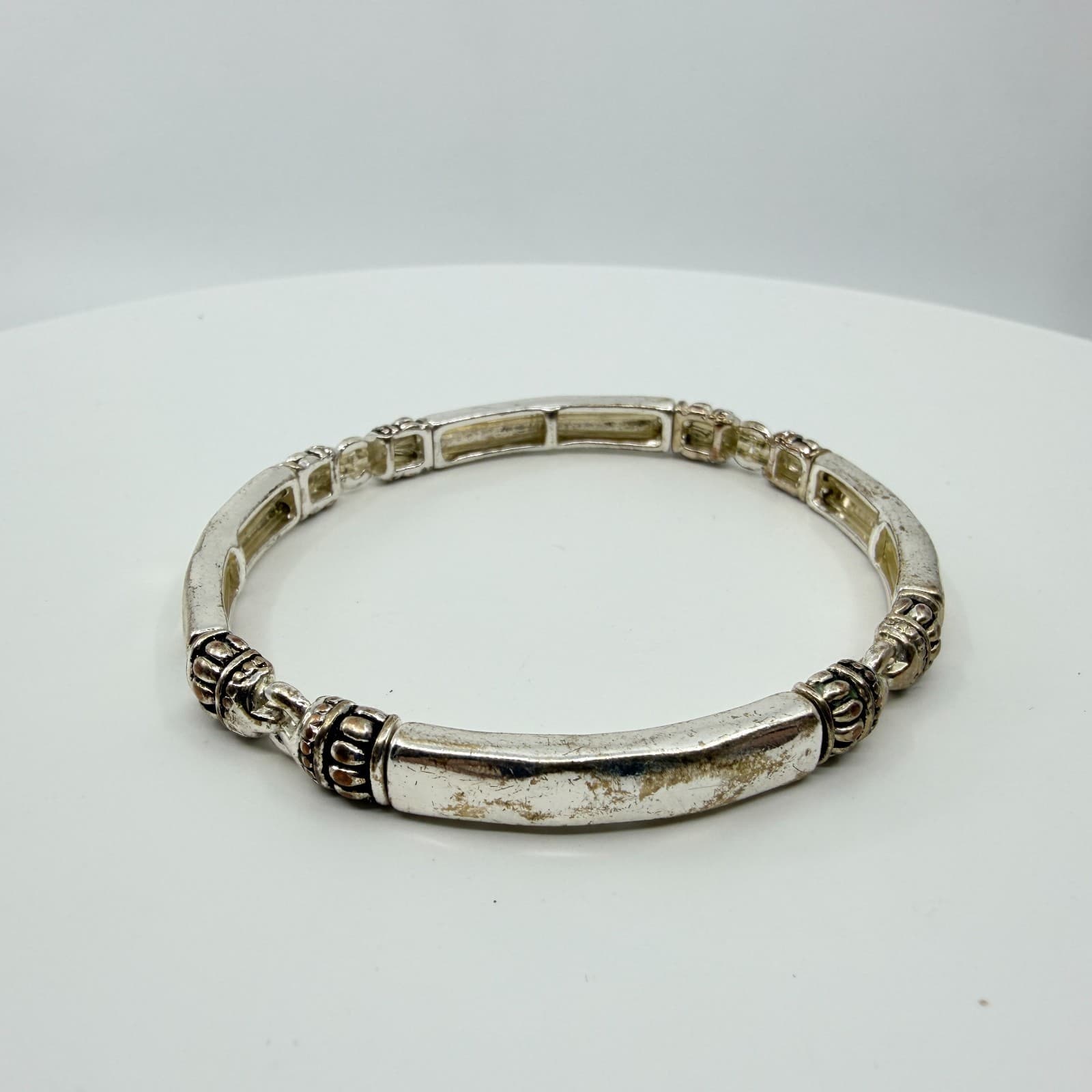 Vintage Silver Tone Stretch Link Bracelet Distressed Balinese Style Stackable