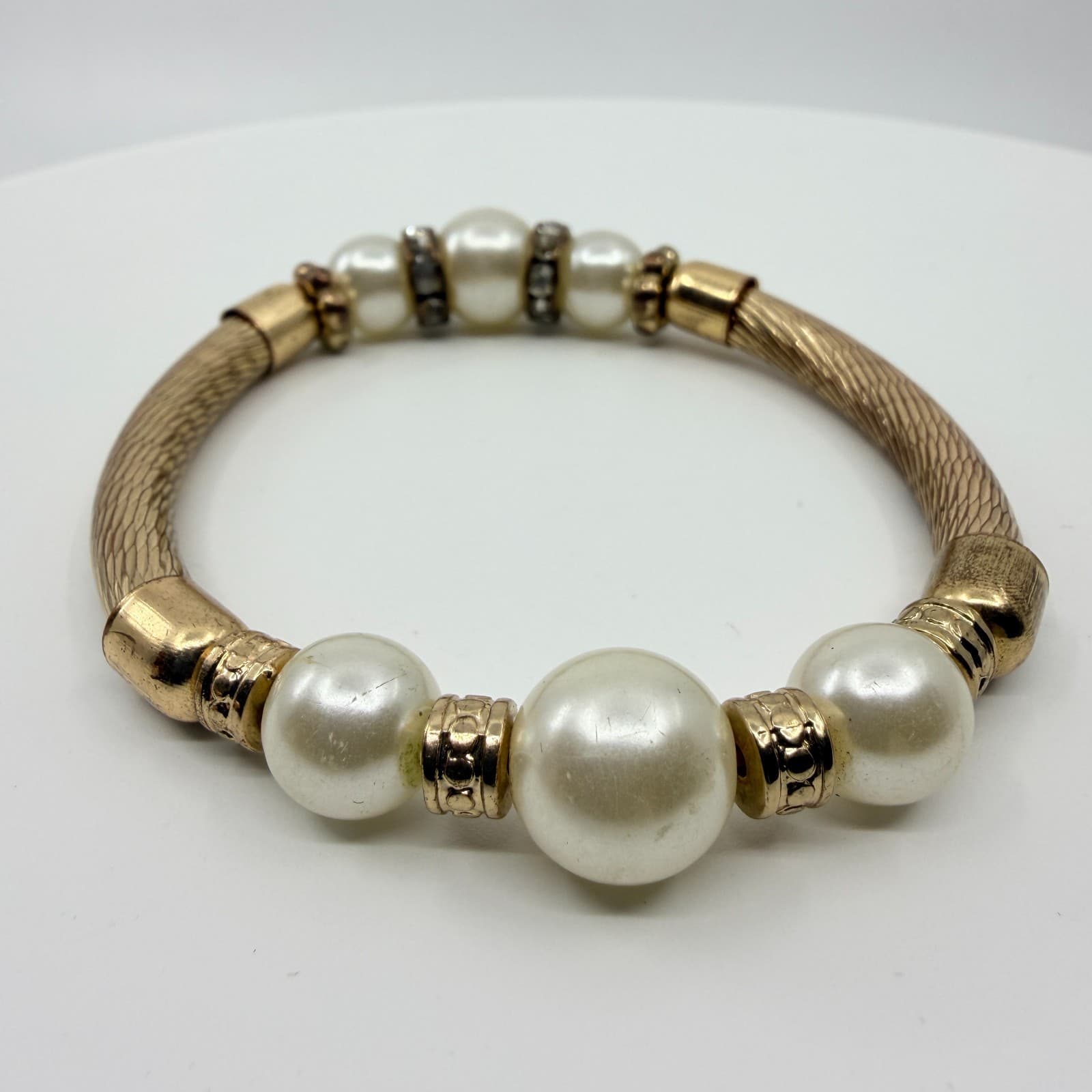 Vintage Faux Pearl Textured Cable Stretch Bracelet Gold Tone Rhinestone Accent
