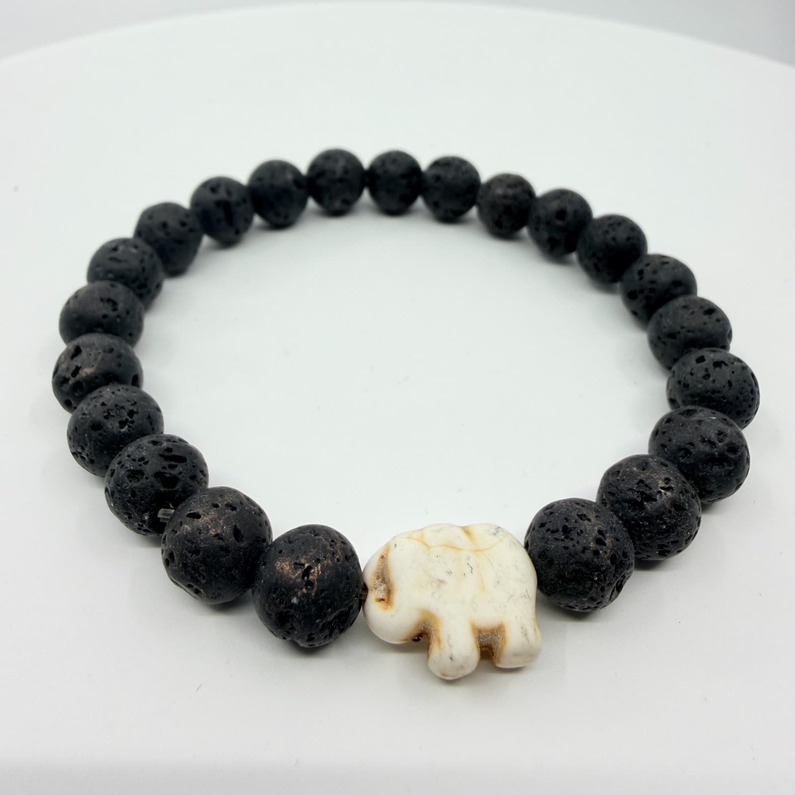 Vintage Black Lava Rock Bead Stretch Bracelet White Howlite Elephant Boho Retro