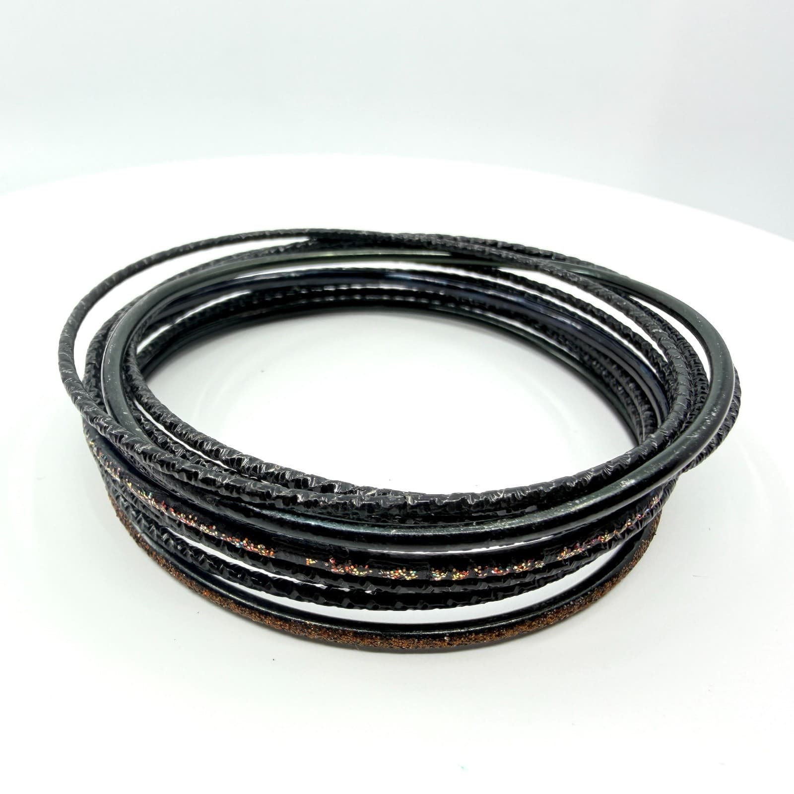 Vintage Black Glitter Textured Stackable Bangle Bracelets Retro Goth 12pc Set