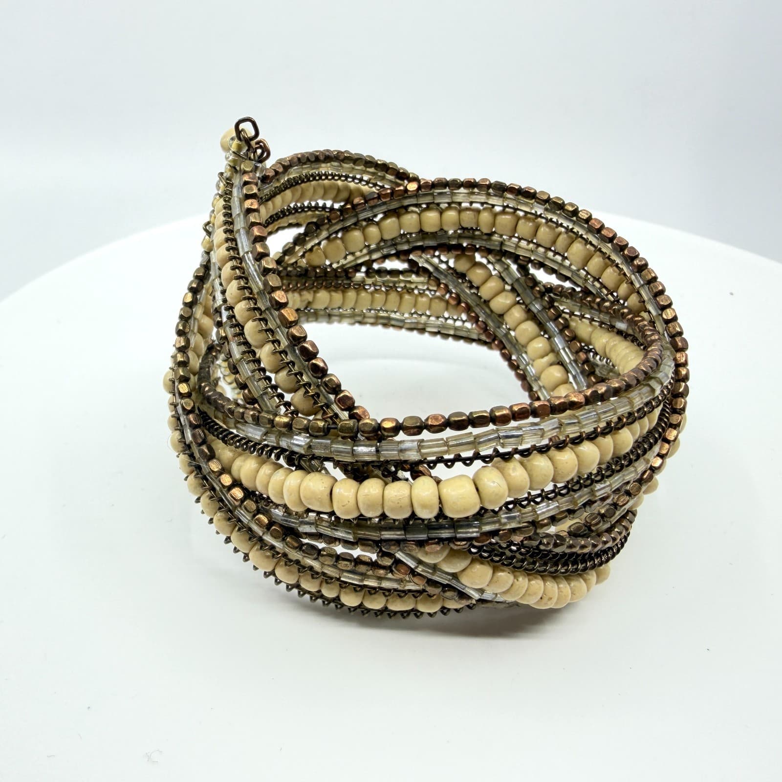 Vintage Multi Strand Beaded Cuff Bracelet Cream Bronze Tone Layered Statement