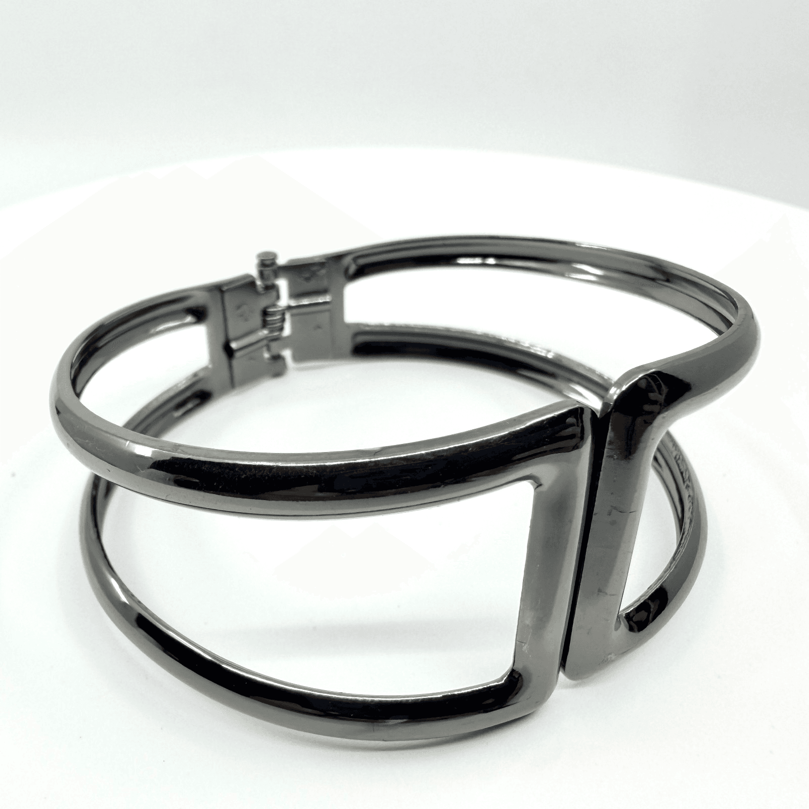 Y2K Gunmetal Cutout Hinge Bangle Bracelet Shiny Dark Gray Minimalist Cuff Wide