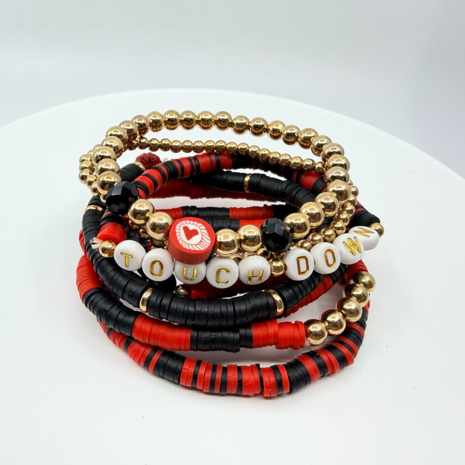 Vintage Game Day Football Touchdown Beaded Stretch Bracelets Red Black Stack Set