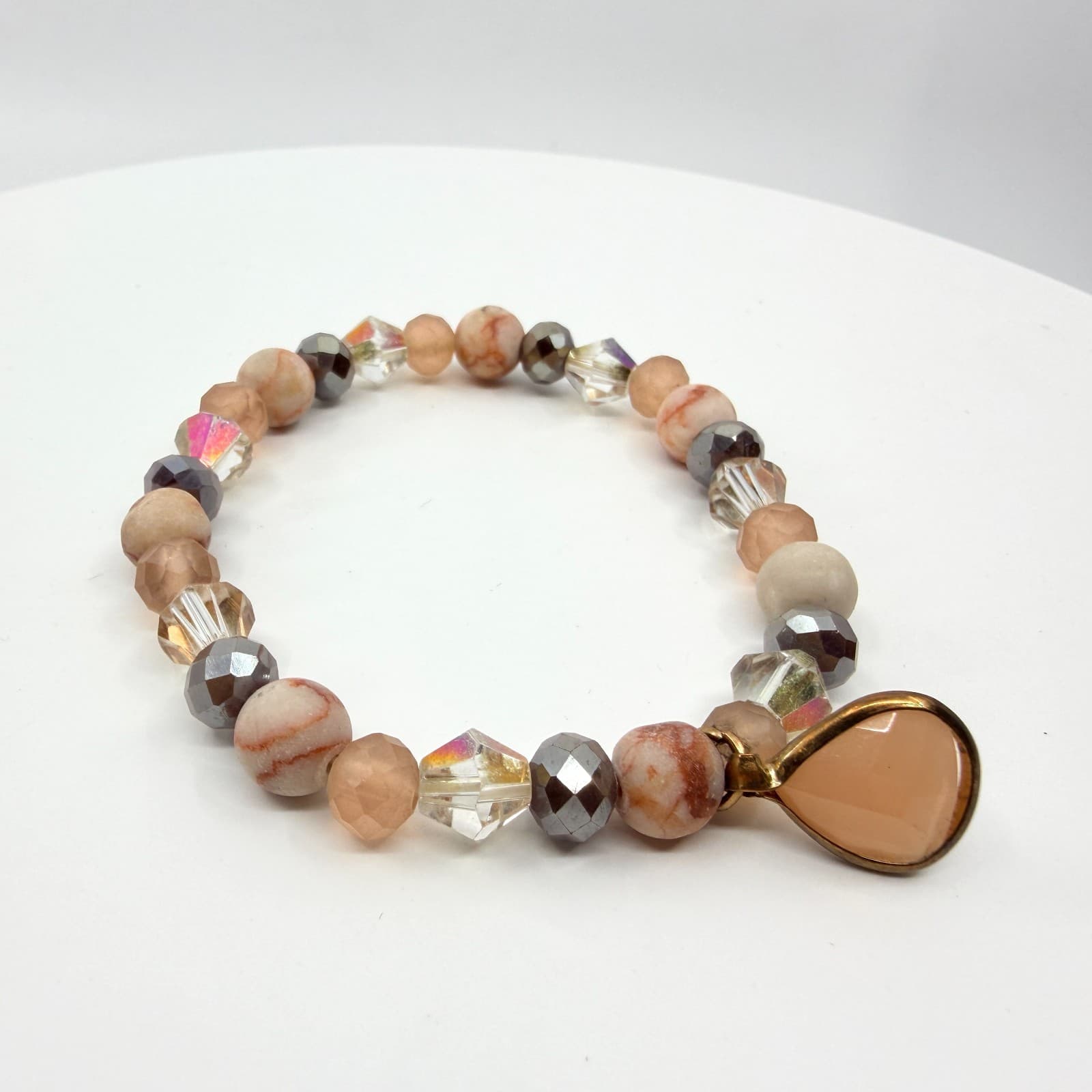 Vintage Peach Beaded Stretch Bracelet Faceted Crystal Teardrop Charm Boho Retro