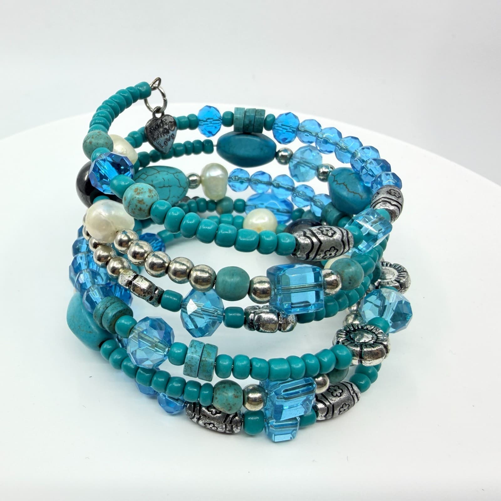 Vintage Faux Turquoise Blue Crystal Bead Multi Layer Stack Wrap Coil Bracelet