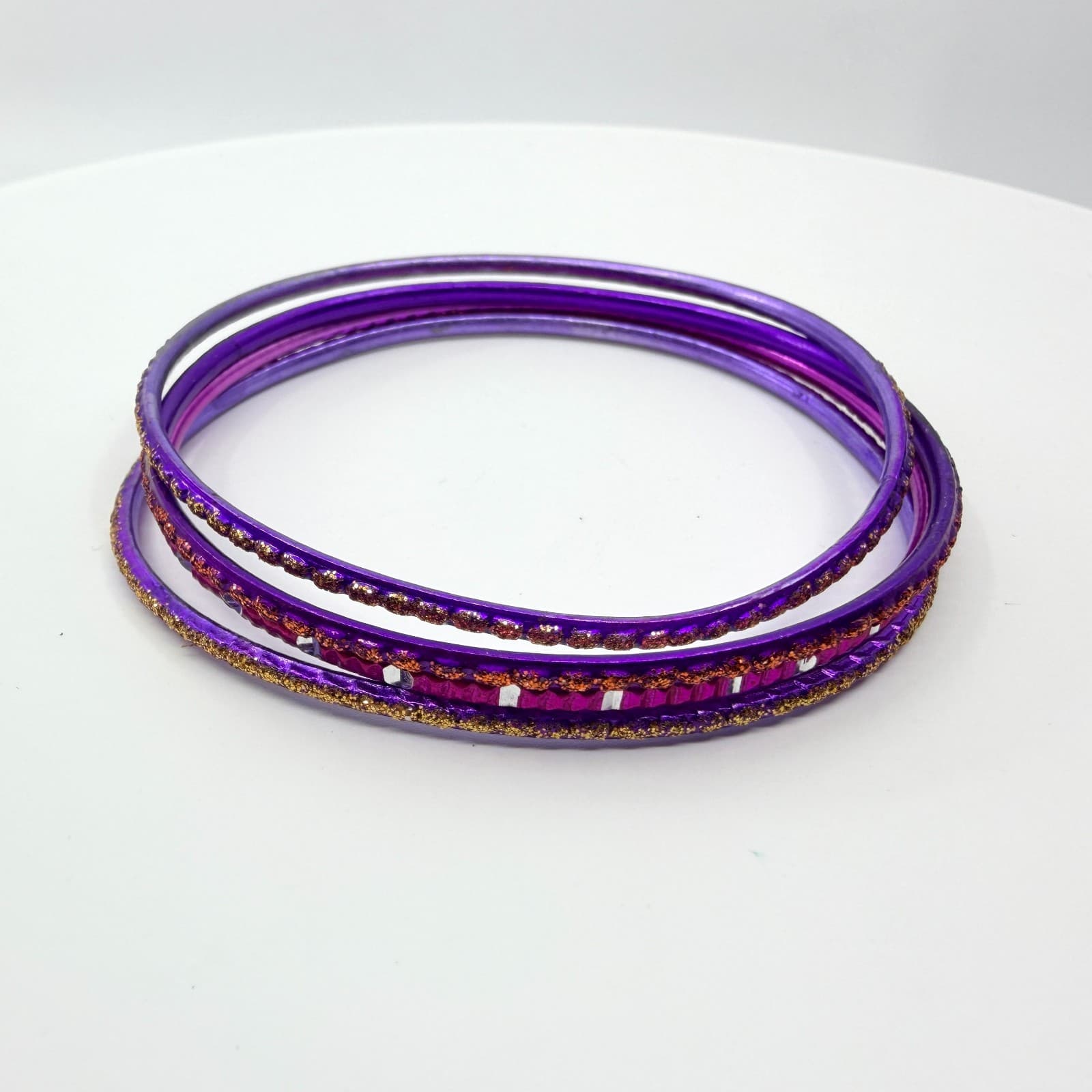 VTG Retro Purple Glitter Stackable Bangle Bracelets Set Gold Tone Accent 4pc