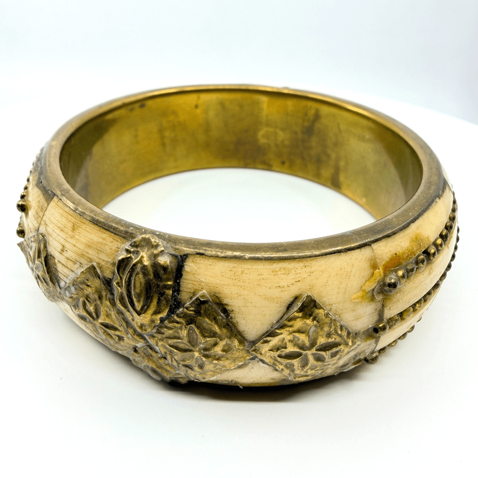 Vintage Brass Tone and Faux Bone Bangle Bracelet Cream Mixed Metal Ethnic Wide
