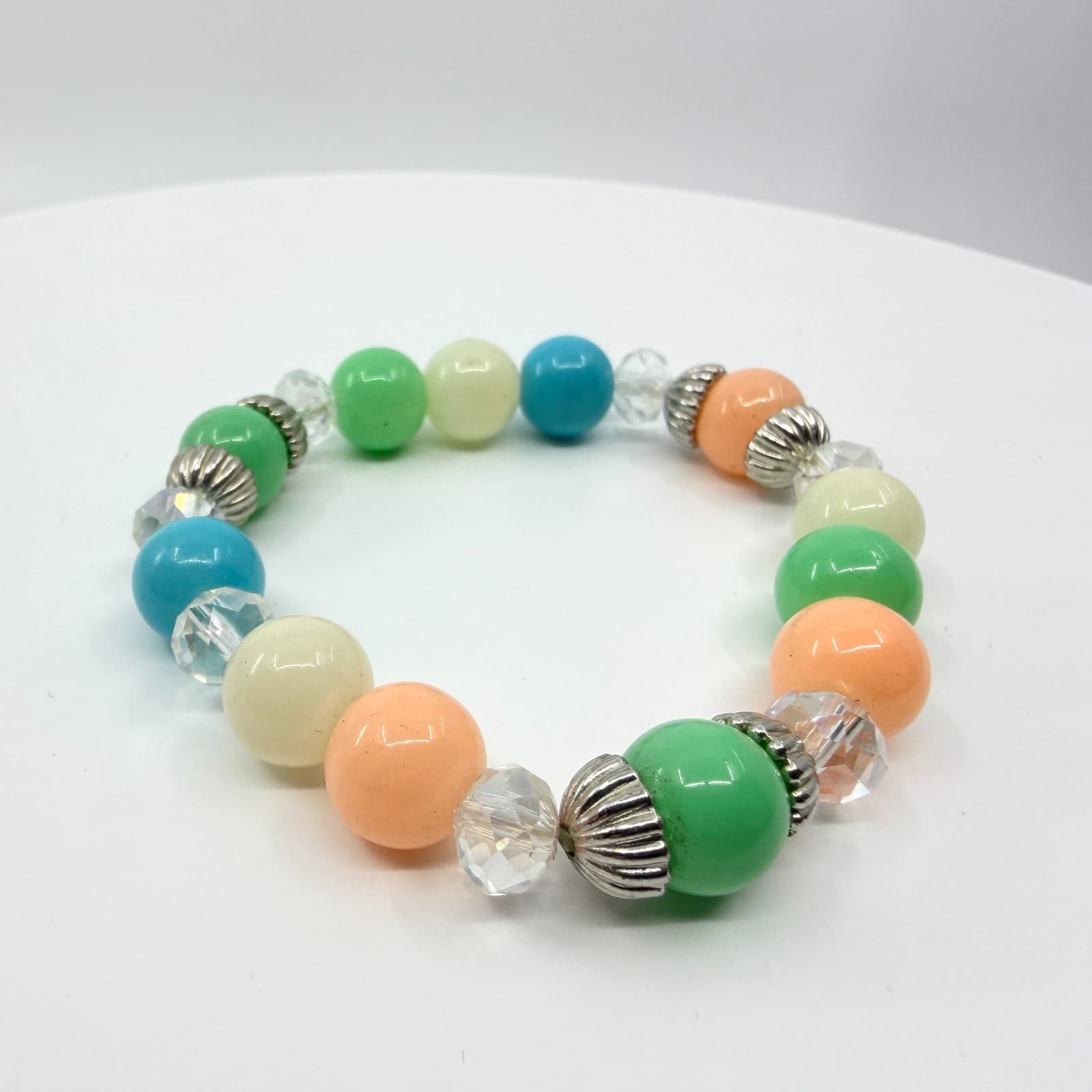 Vintage Pastel Stretch Bracelet Multi Color Lucite Acrylic Beads Silver Tone