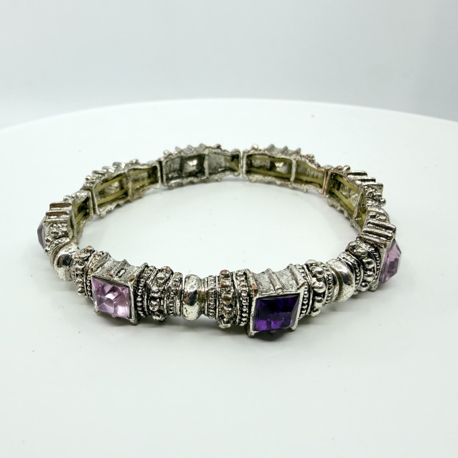 Vintage Y2K Silver Tone Purple Rhinestone Ornate Bali Style Stretch Bracelet