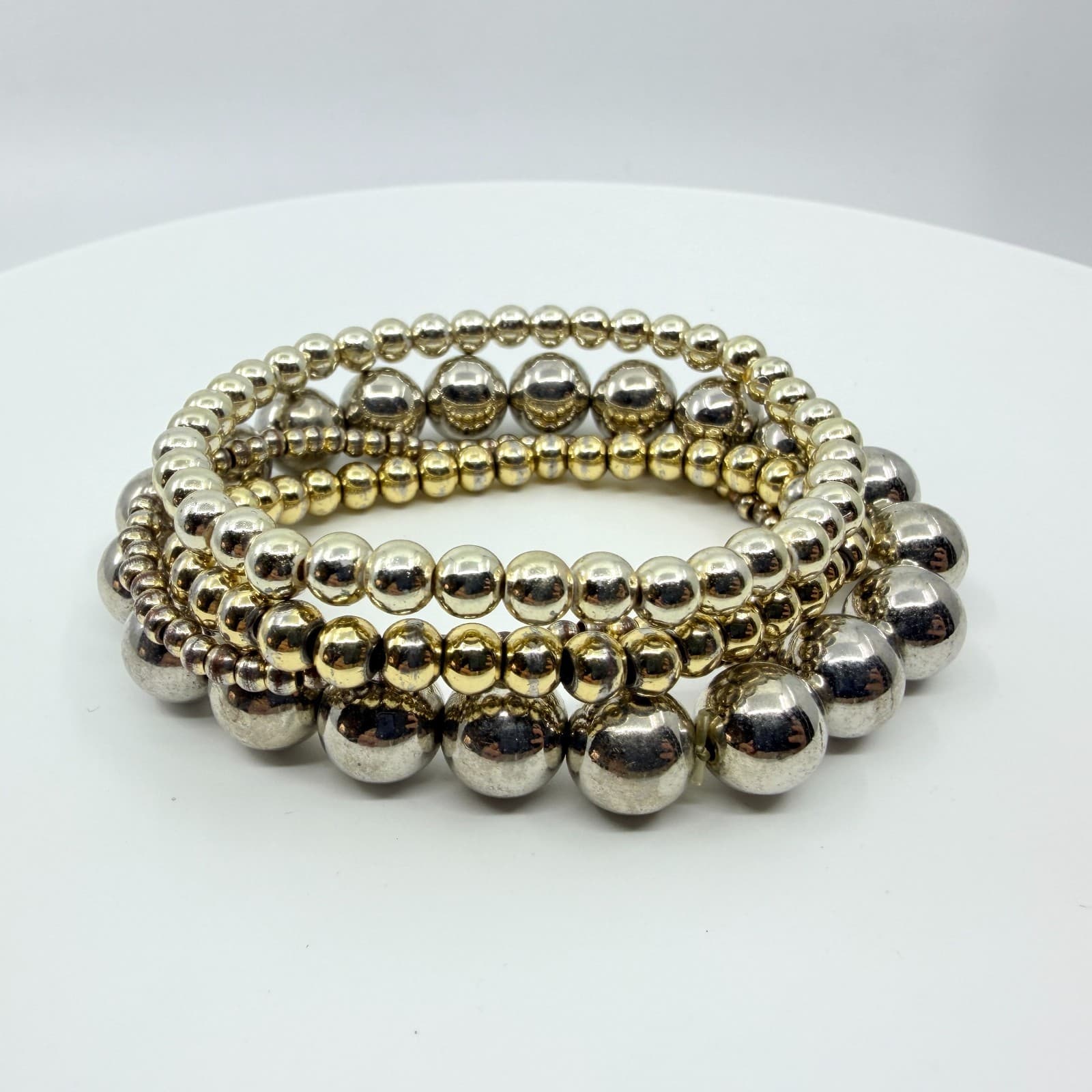 Vintage Y2K Silver & Gold Tone Ball Bead Stretch Stack Bracelets Set Boho Retro