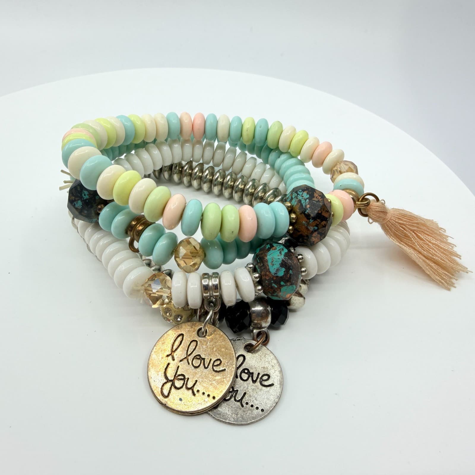 VTG Y2K Pastel Beaded 4 Pc Stack Bracelets I Love You Charms Boho Multi-Strand