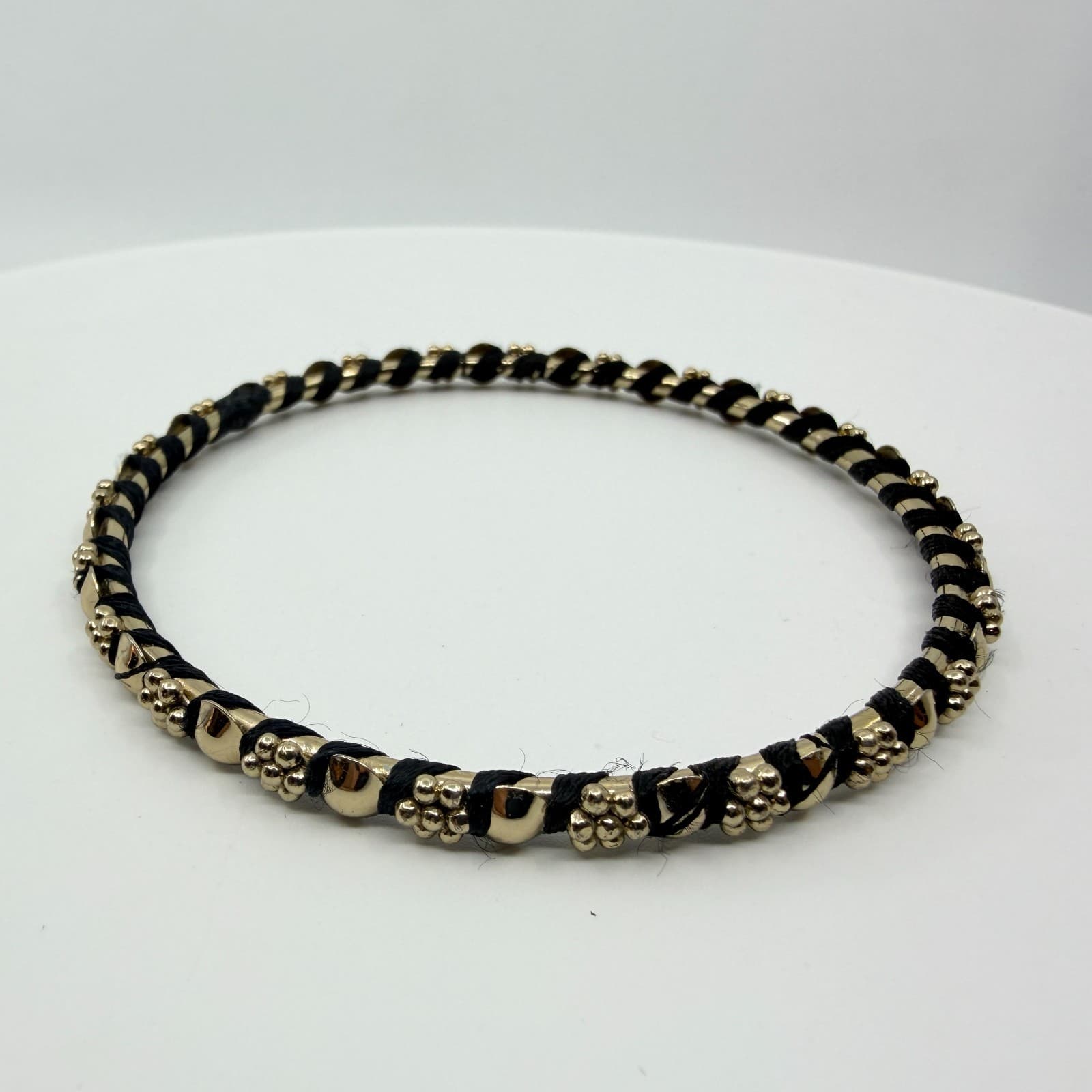 Vintage Gold Tone Beaded Wrap Bangle Bracelet Black Thread Mixed Media Stackable