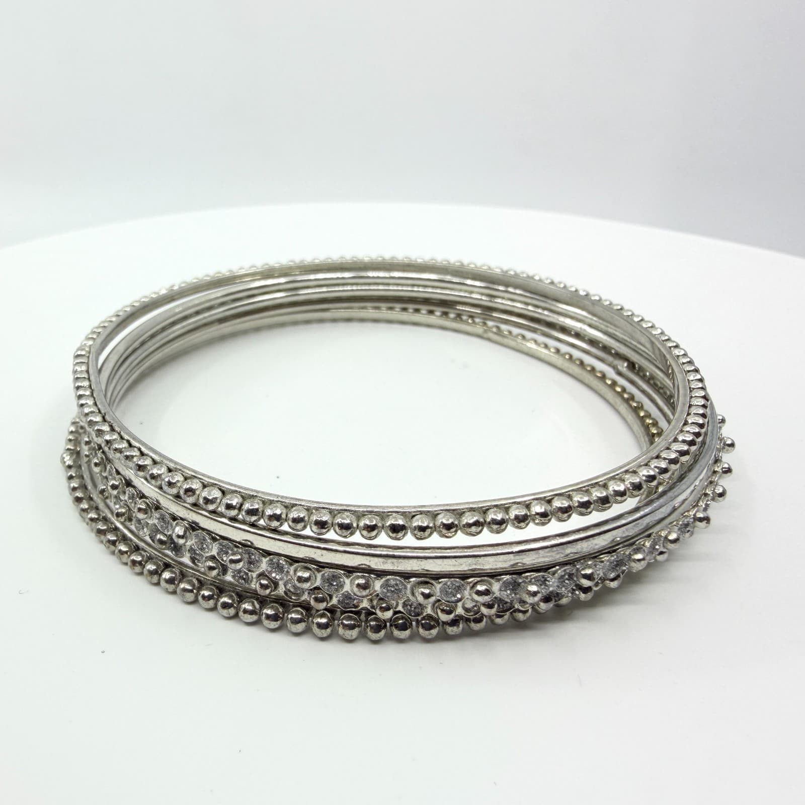 Vintage Silver Tone Beaded Rhinestone Bangle Bracelets Set Stack Classic Retro