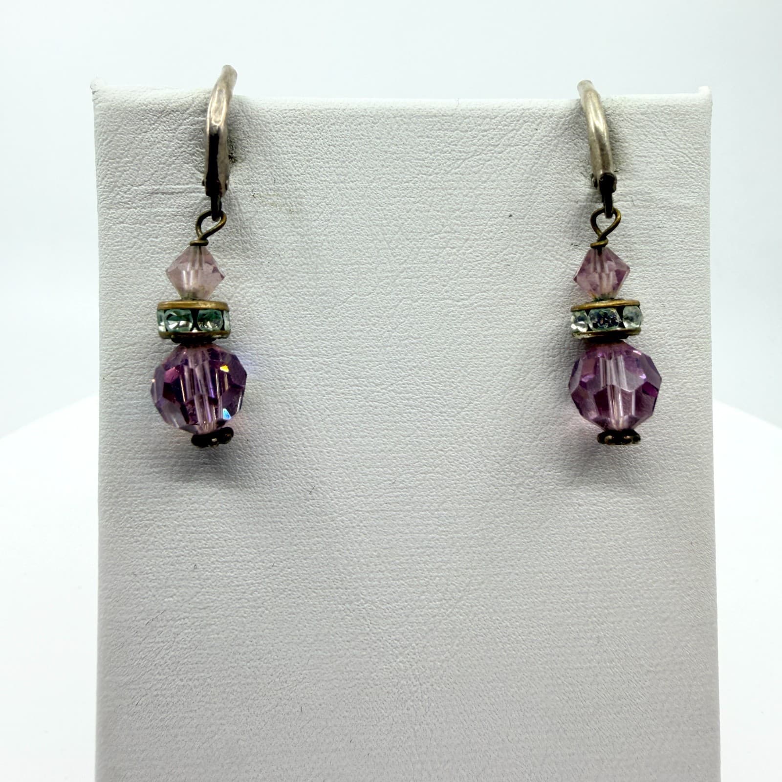 VTG Purple Crystal Dangle Earrings Antique Bronze Tone Rondelle Bead Drop Glam