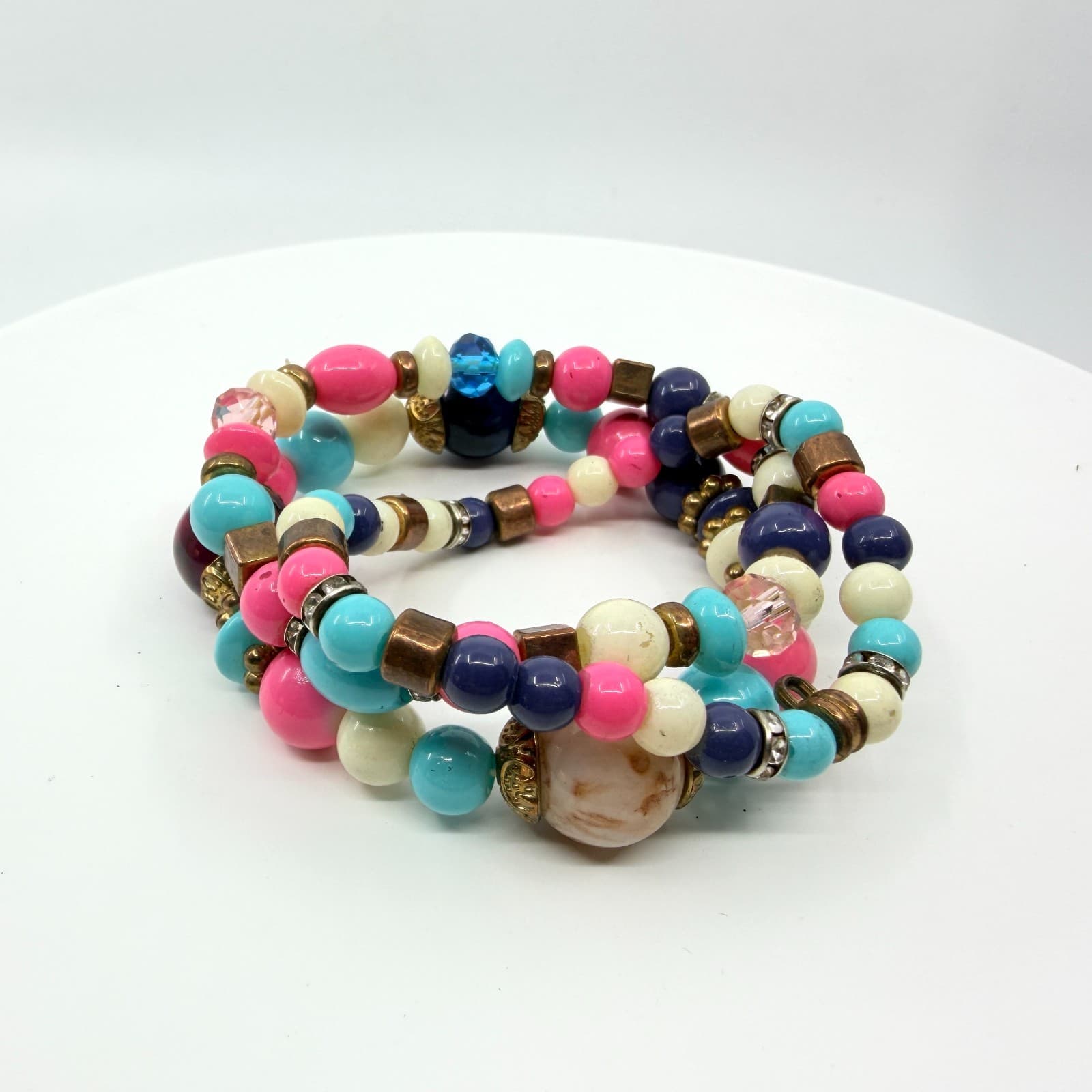 VTG Retro Bright Beaded Stack Bracelet Set Chunky Pink Blue Pop Art Stretch 3PC
