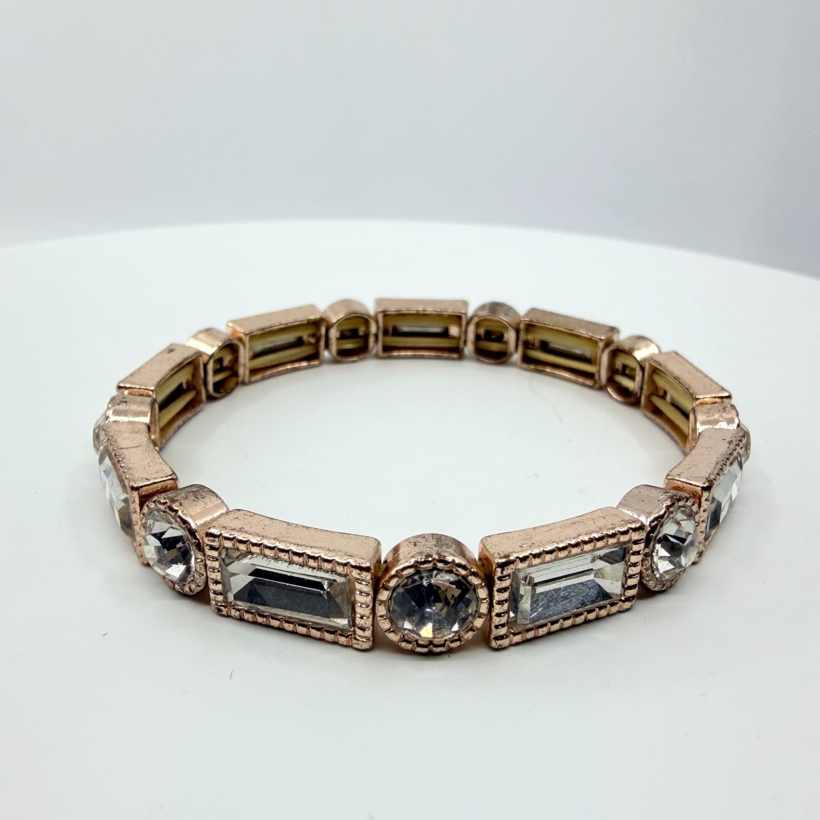 Vintage Rose Gold Tone Clear Crystal Stretch Bracelet Art Deco Geometric Chunky