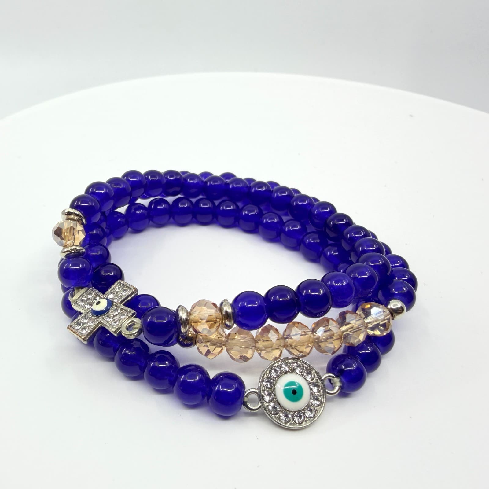 VTG Y2K Cobalt Blue Evil Eye Stretch Bracelet Set Stack Cross Crystal Glass Bead