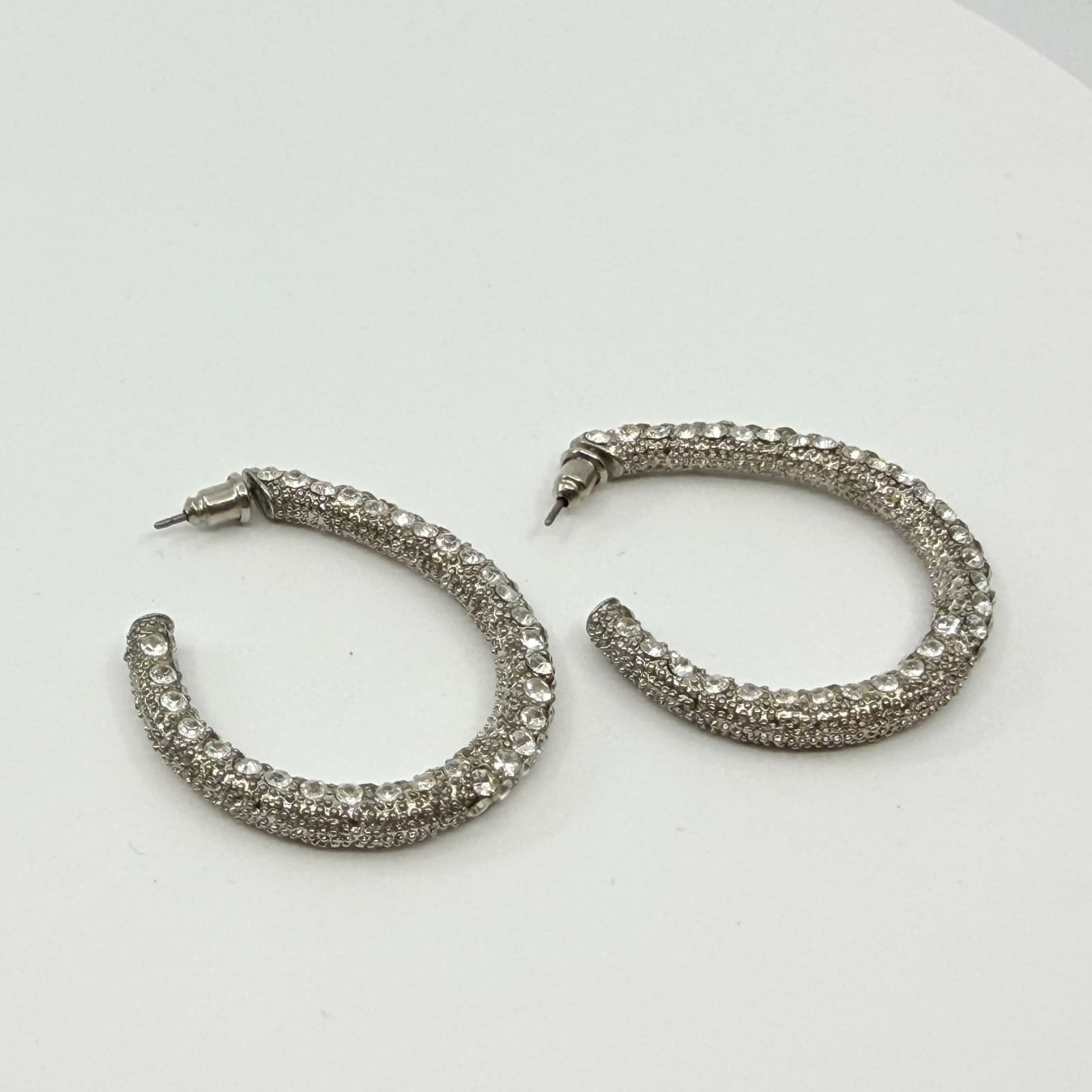 VTG Silver Tone Pave Rhinestone Hoop Earrings Thick Chunky Glitter Iced Out Glam