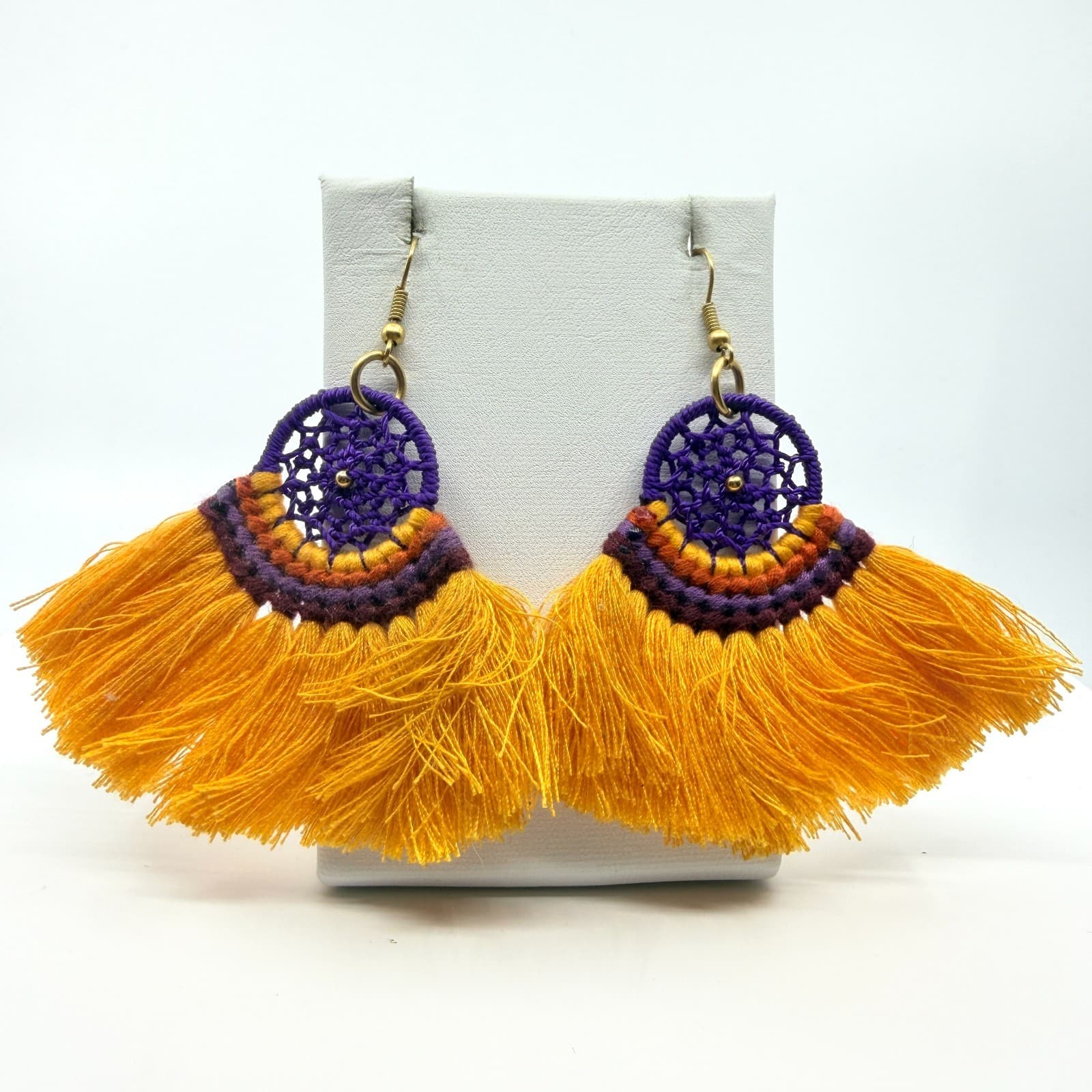 VTG Boho Yellow Purple Tassel Earrings Retro Dreamcatcher Chic Dangle Earrings