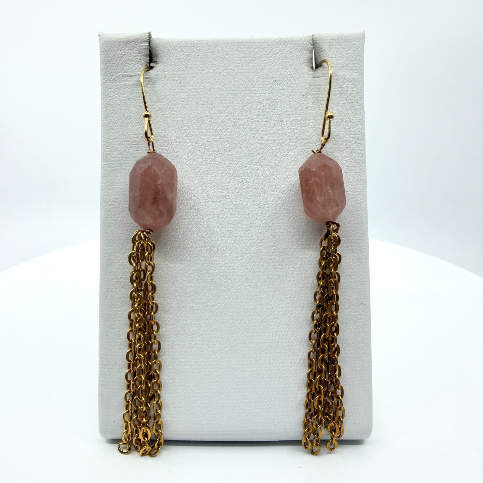 Vintage Gold Tone Pink Strawberry Quartz Faceted Bead Multi Chain Tassel Earring