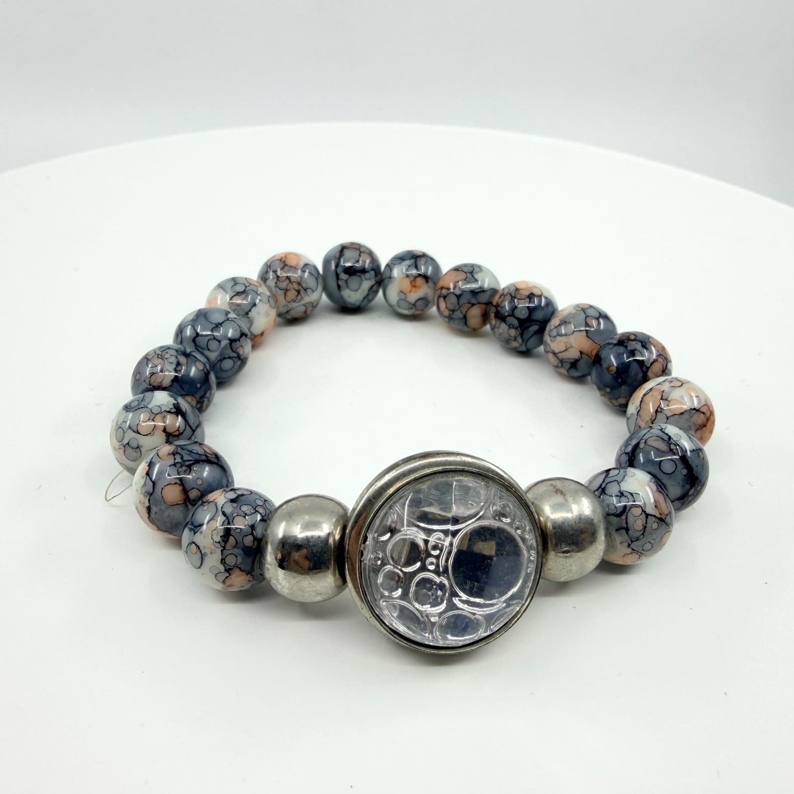 Vintage Boho Gray Ink Splatter Agate Glass Snap Charm Stretch Beaded Bracelet