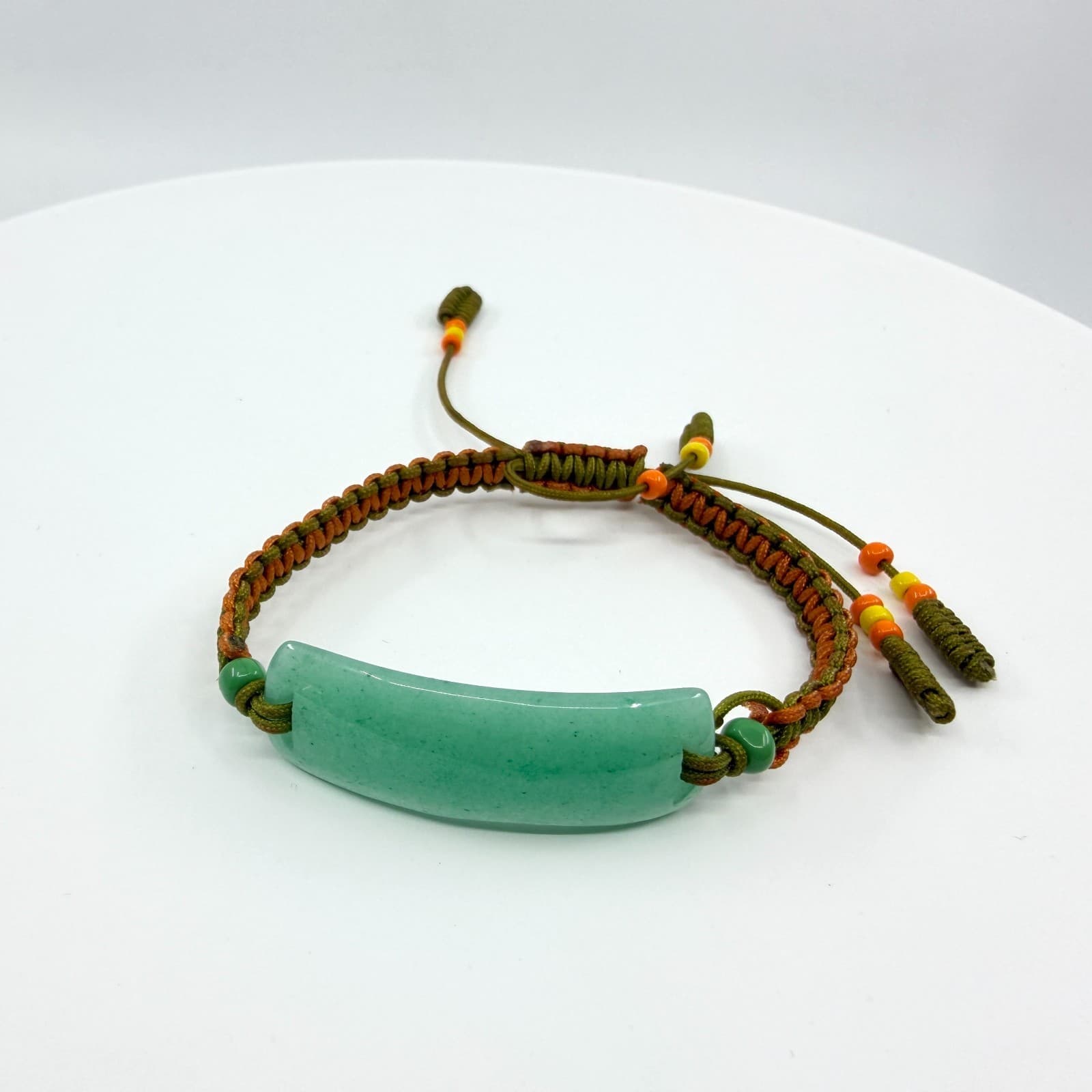 Vintage Faux Jade Aventurine Bar Macrame Cord Braided Slide Bracelet Boho Y2K