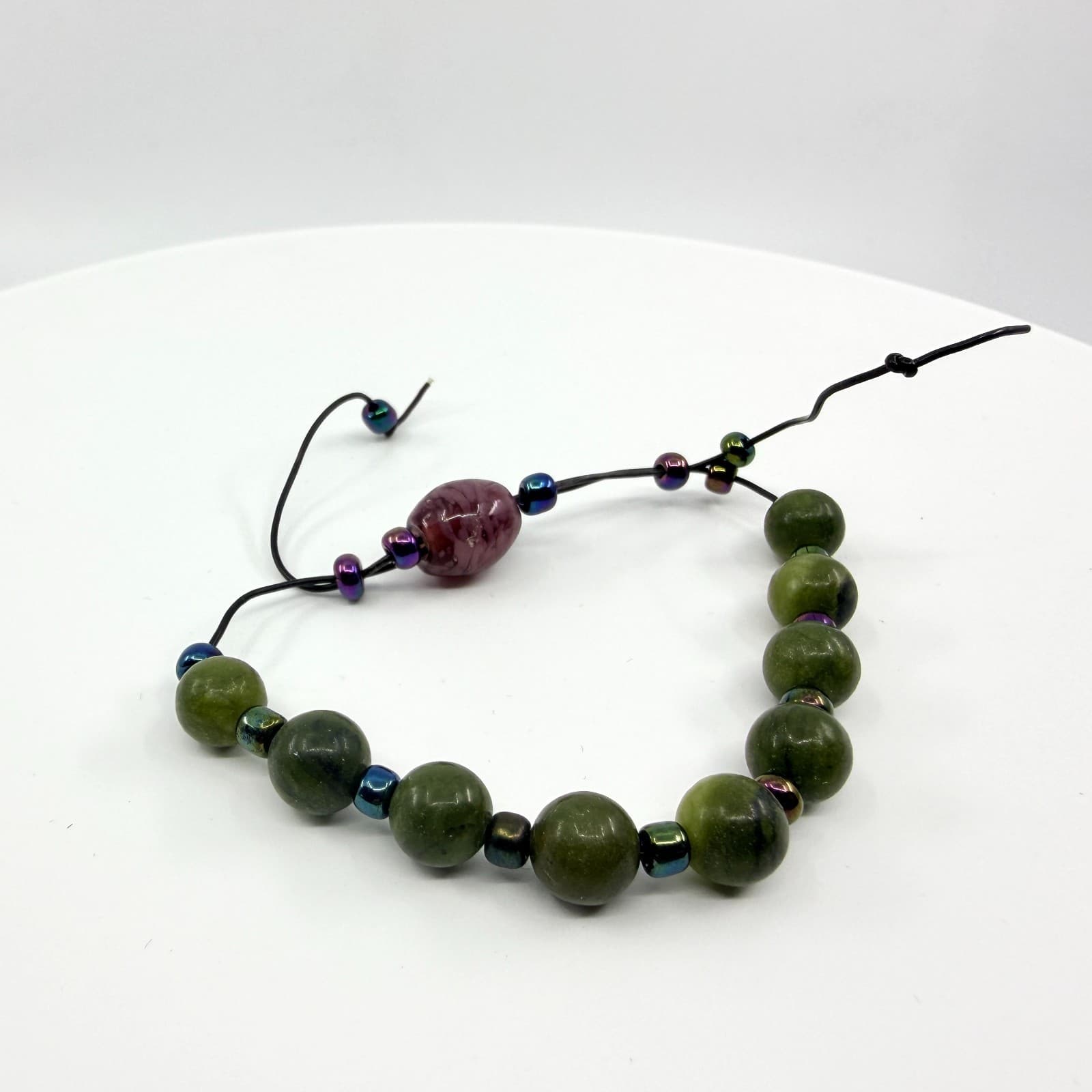 Vintage Boho Green Faux Jade Nephrite Beaded Bracelet Iridescent Accents Cord