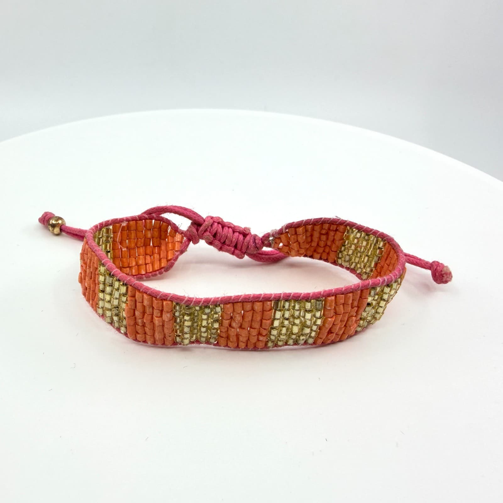 VTG Loom Seed Bead Cuff Bracelet Orange Gold Tone Metallic Pink Adjustable Cord
