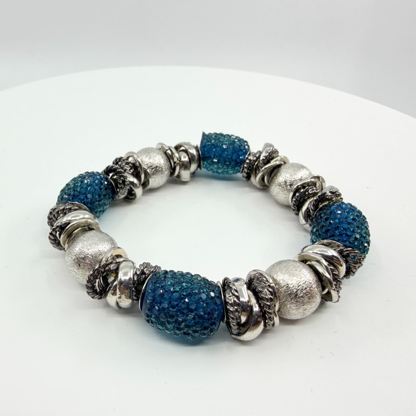 VTG Chunky Silver Tone Blue Crystal Bead Stretch Bracelet Statement Stackable