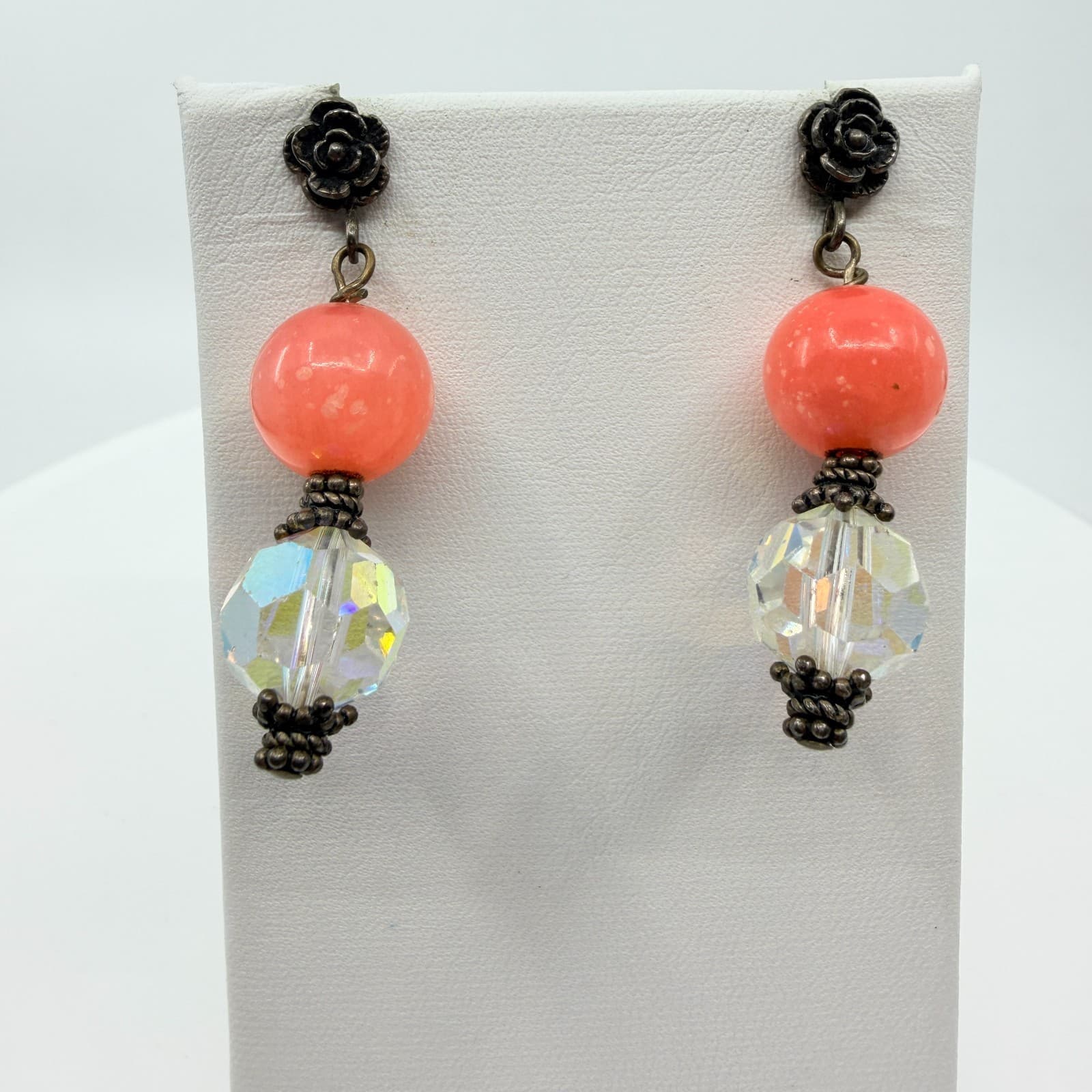 Vintage Retro Coral Pink AB Crystal Dangle Earrings Bronze Tone Rose Studs 80s